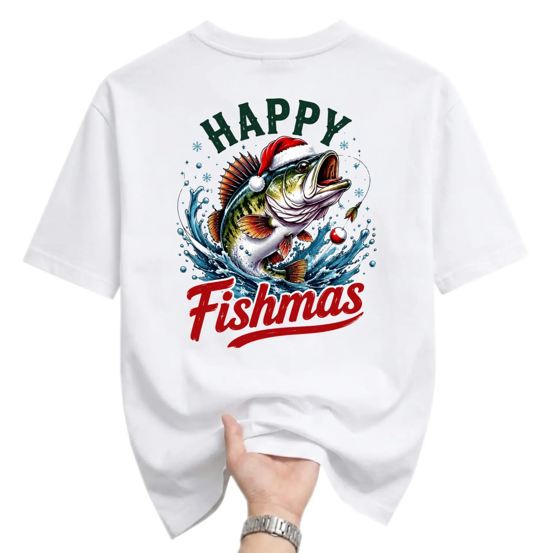Funny Shirt Happy Fishmas Christmas Fishing Graphic Tee Unisex Casual Apparel for Outdoor Enthusiasts White Crew Neck