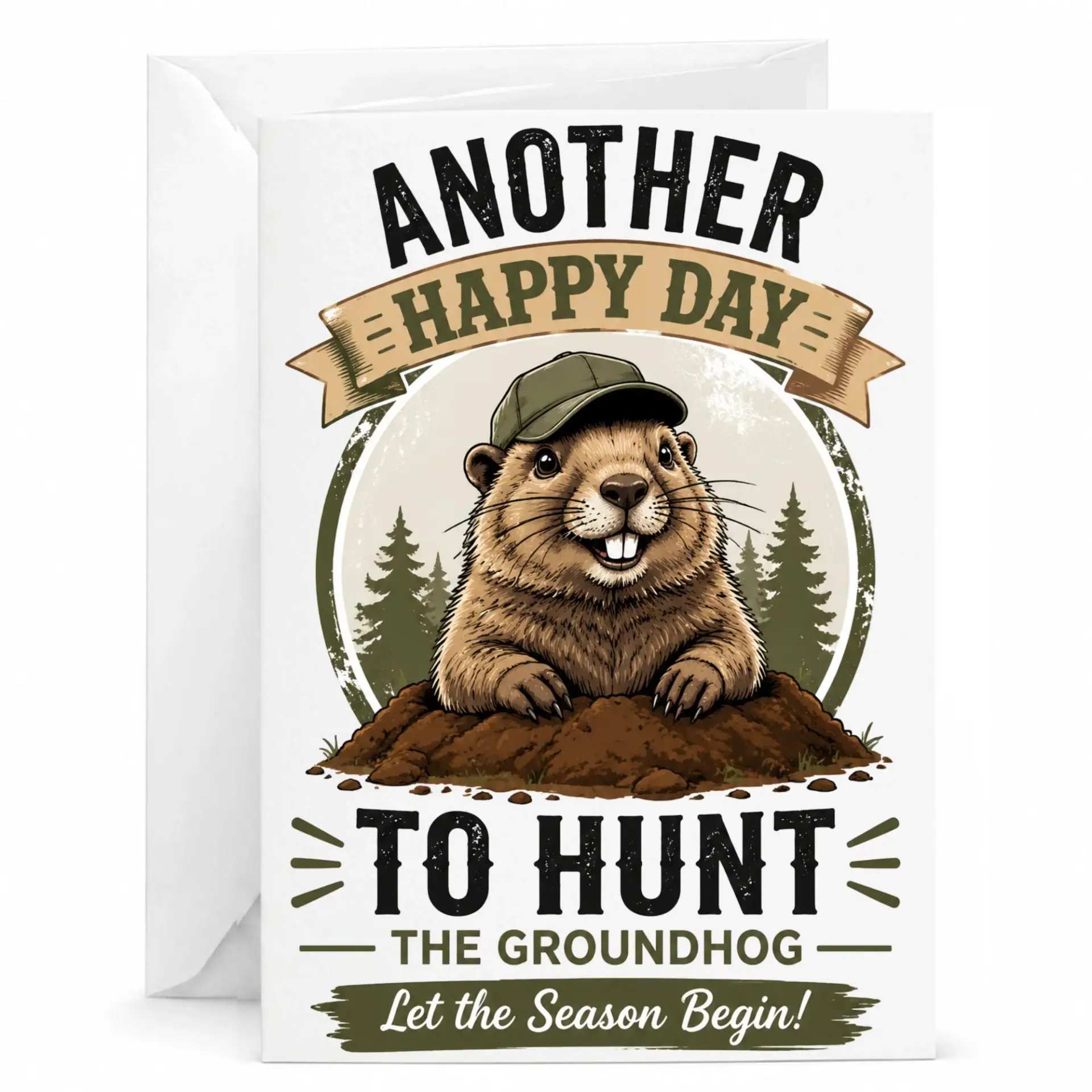 Funny Groundhog Hunting Greeting Card with Envelope for Outdoor Enthusiasts and Nature Lovers Themed Stationery
