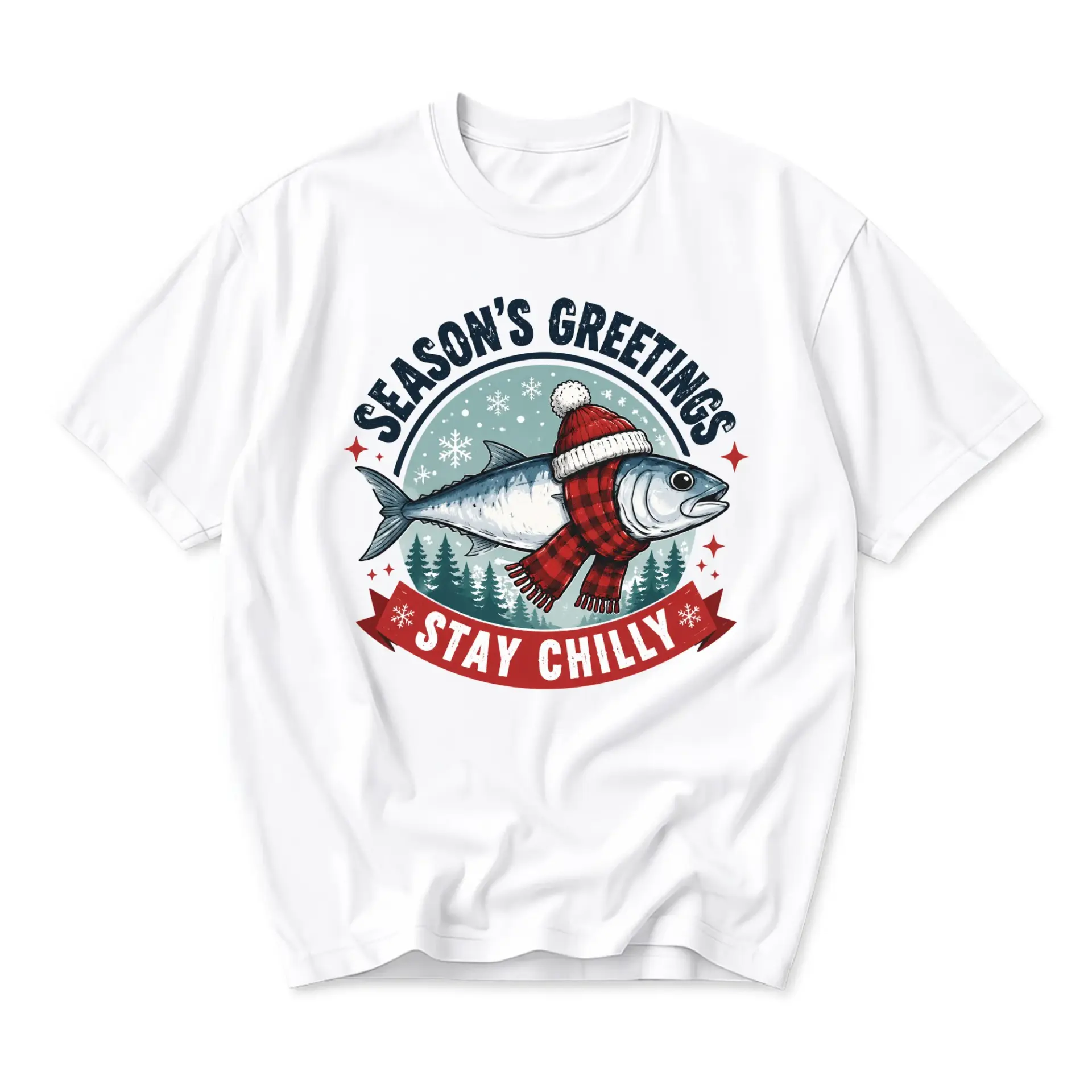 Funny Shirt Season Greetings Stay Chilly Fish Graphic Tee Unisex Casual Short Sleeve Cotton Crew Neck White
