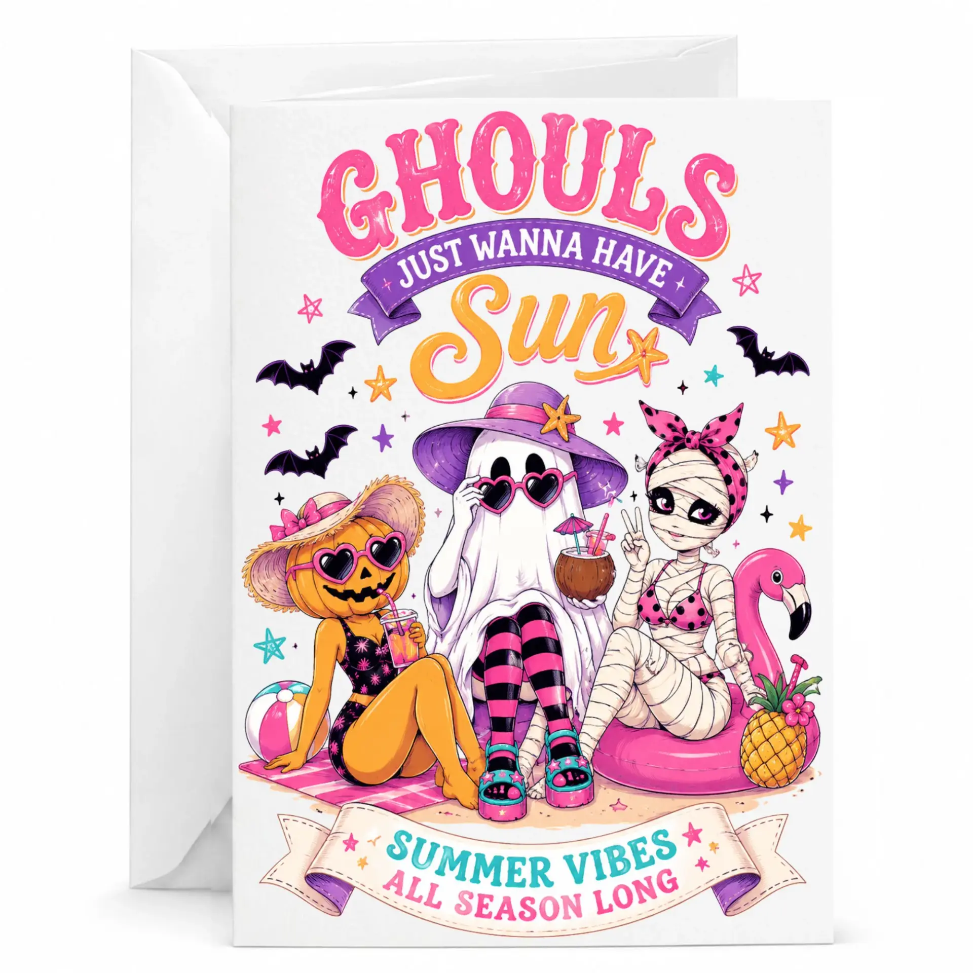 Funny Summer Greeting Card Ghouls Have Sun Beach Themed Spooky Season Seasonal Stationery for Everyone
