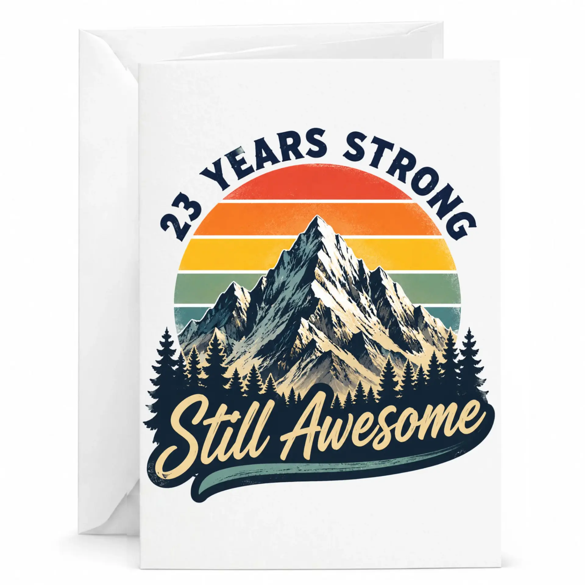 Birthday Card 23 Years Strong Still Awesome Vintage Mountain Sunset Design Funny Anniversary Greeting Card for Milestone