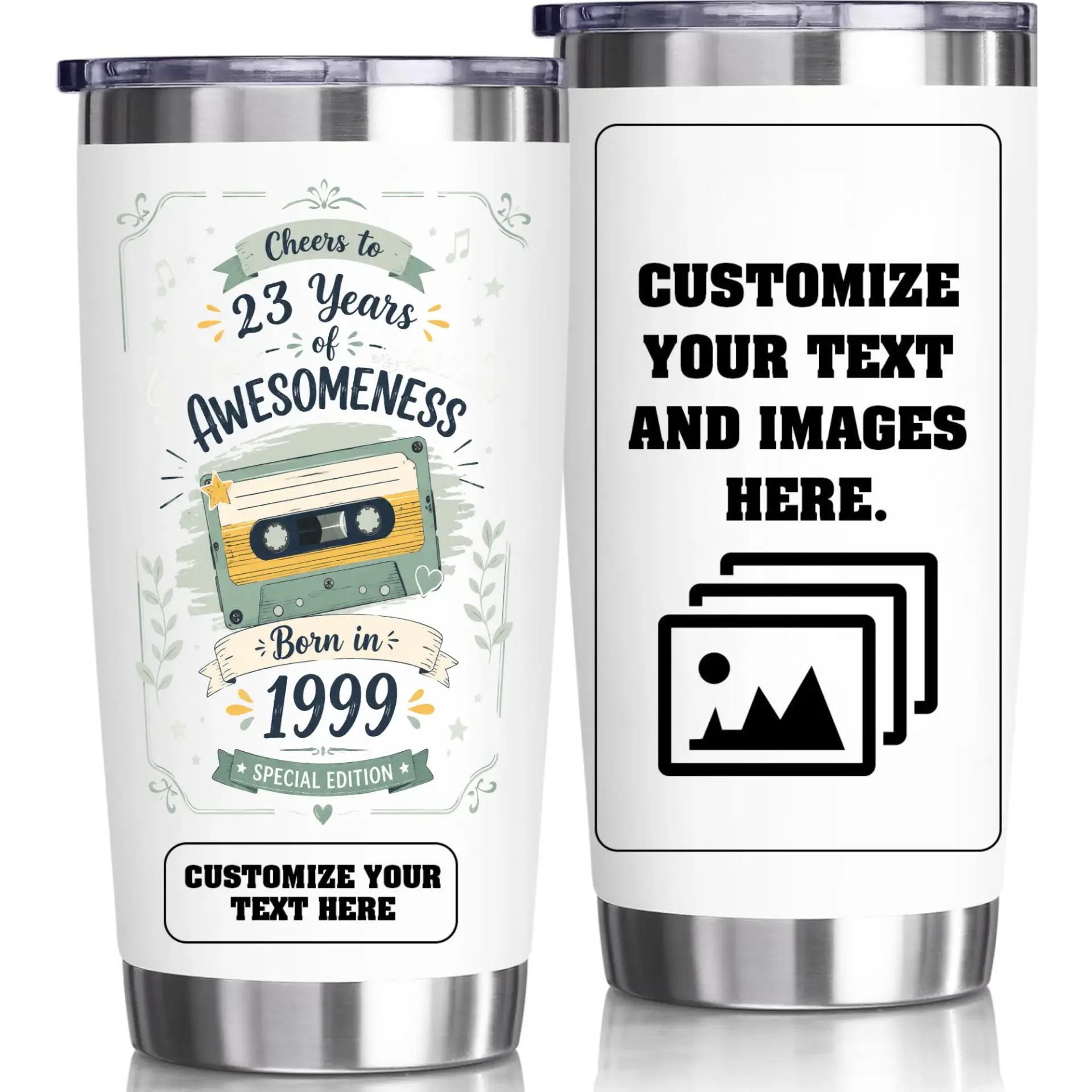 Stainless Steel Tumbler 20oz Birthday Gift Vintage Cassette Tape 1999 Theme Insulated Travel Cup for Hot Cold Drinks
