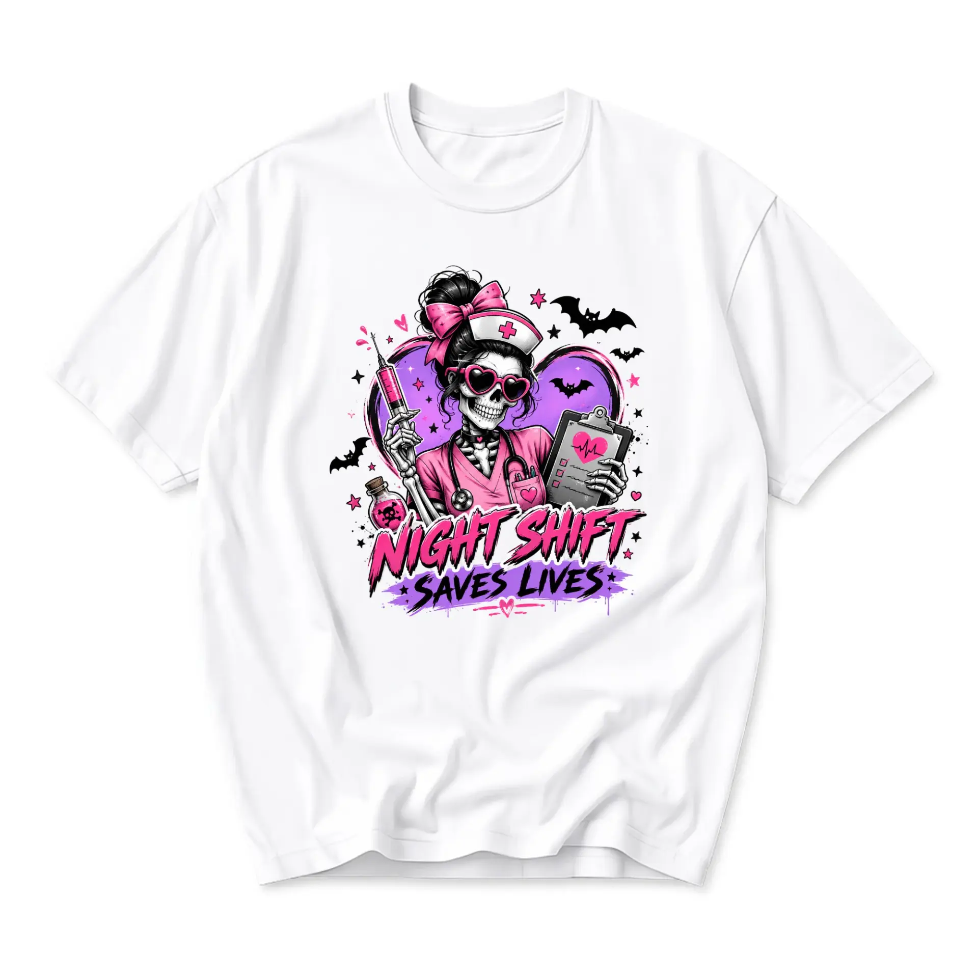 Funny Shirt Night Shift Saves Lives Graphic Tee Skeleton Nurse Illustration Casual Unisex Crew Neck Apparel