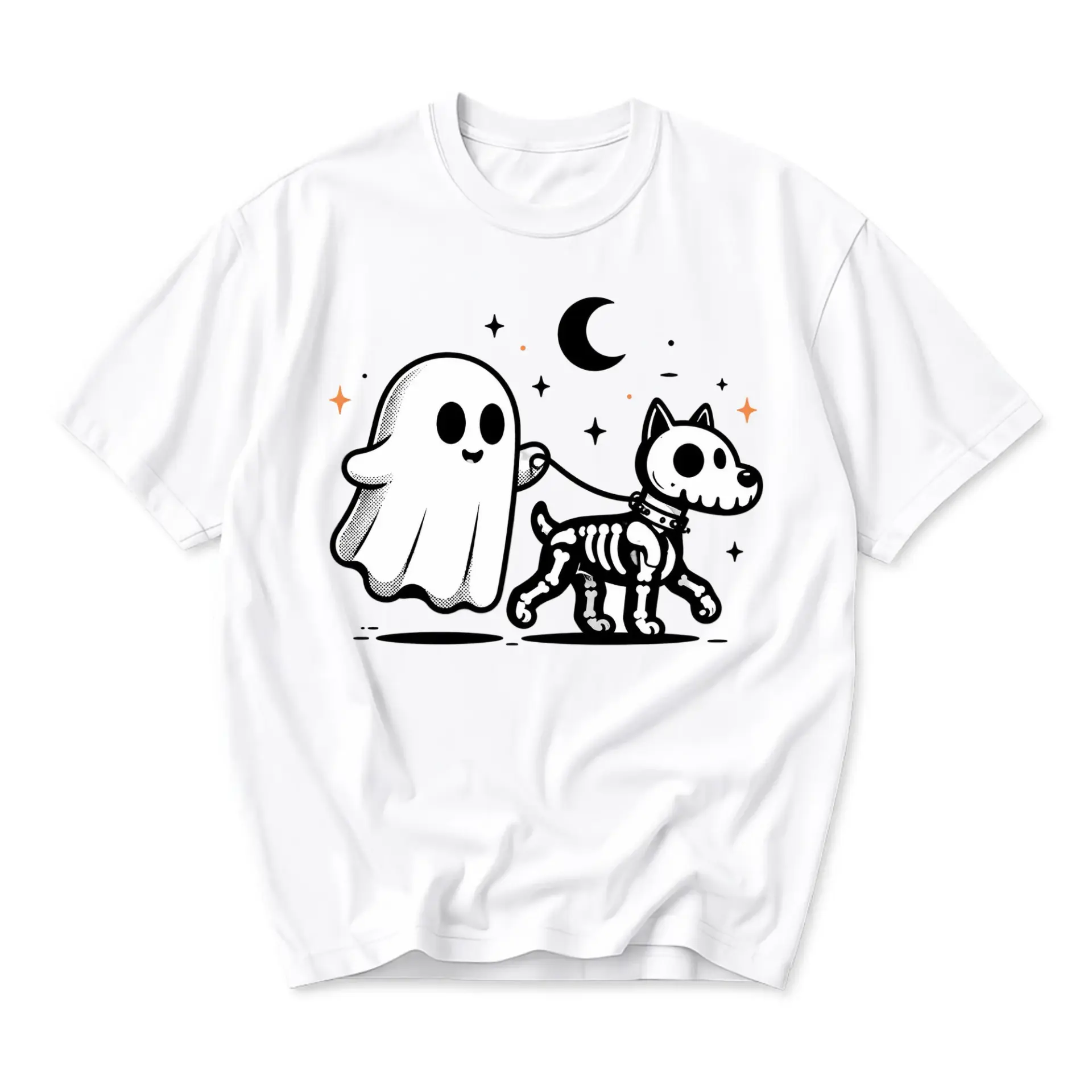 Graphic Tee Unisex Crew Neck T-Shirt Featuring Cute Ghost Walking Skeleton Dog Design Casual Everyday Apparel