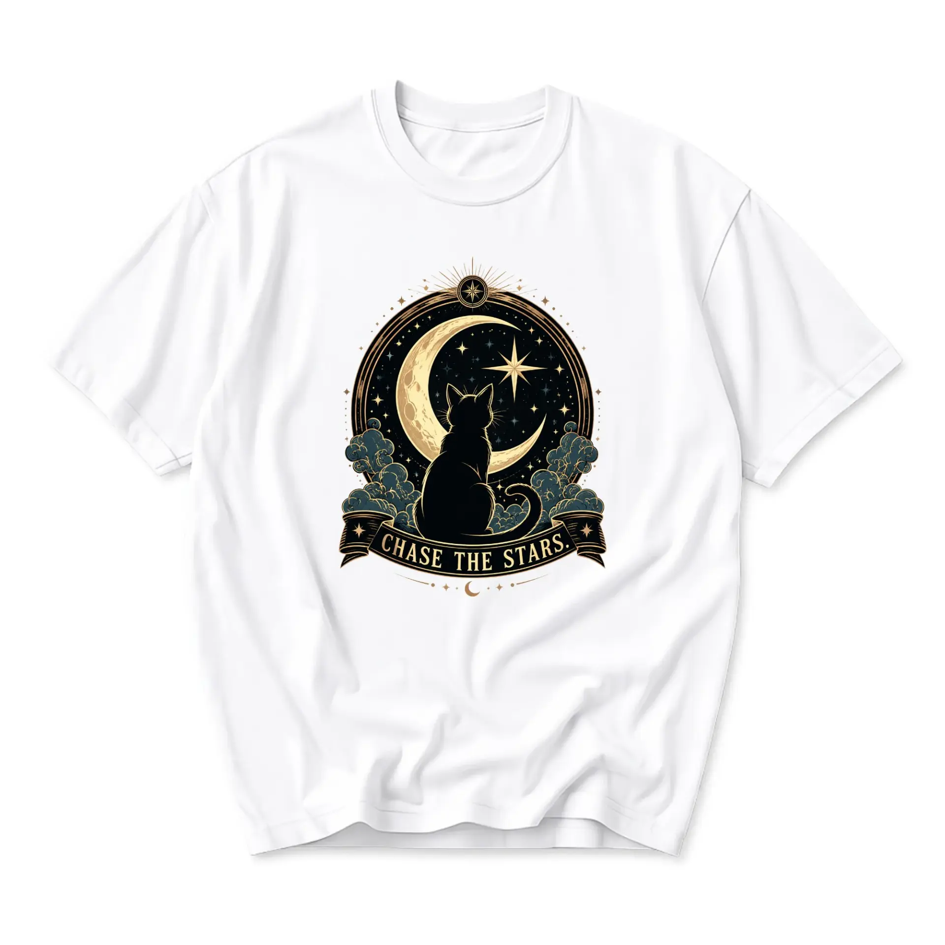 T-shirt Celestial Cat Graphic Tee Artistic Black Silhouette Crescent Moon and Stars Print Unisex Casual Crew Neck Top