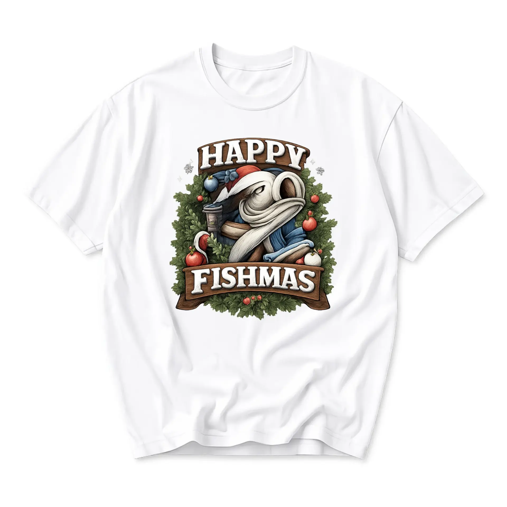 Funny Shirt Happy Fishmas Graphic Tee Holiday Fishing Themed Unisex Crew Neck Casual Cotton Blend Apparel White