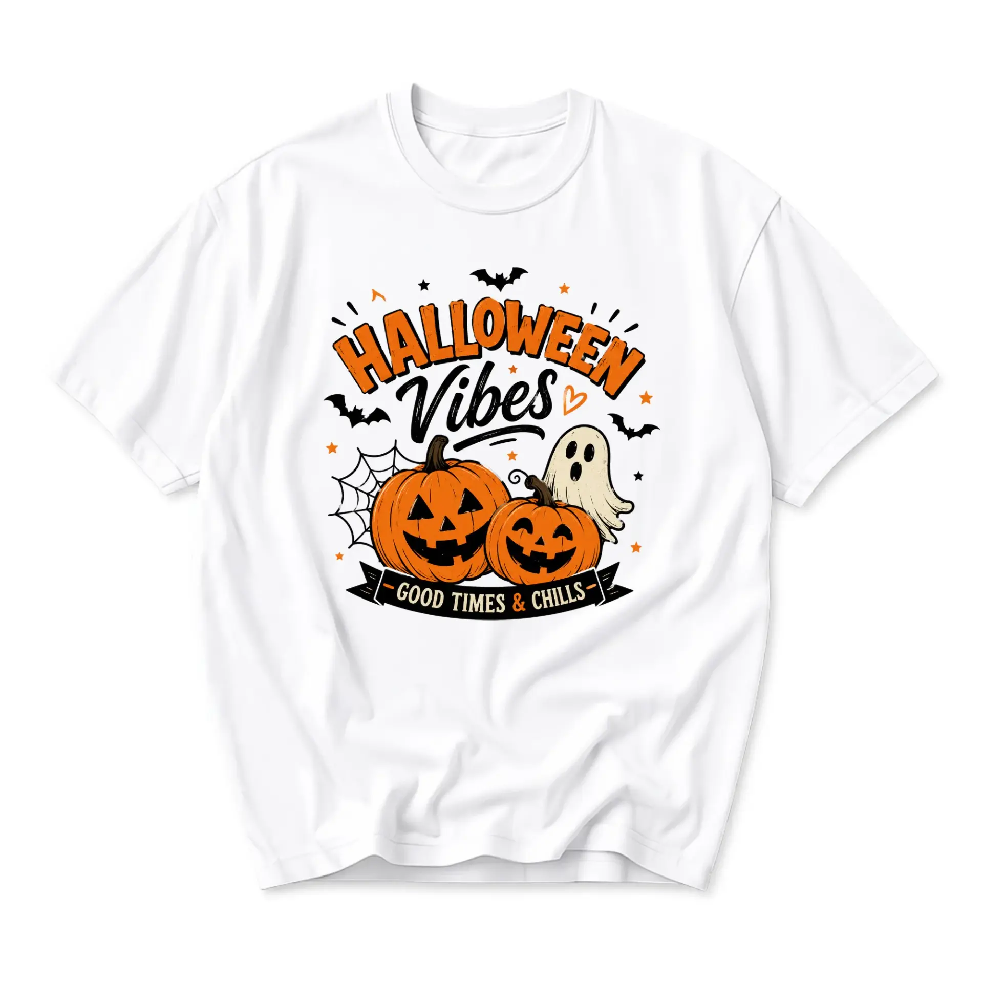 Halloween Vibes T-Shirt Good Times and Chills Fall Season Graphic Tee Spooky Pumpkin Ghost Festive Casual Apparel