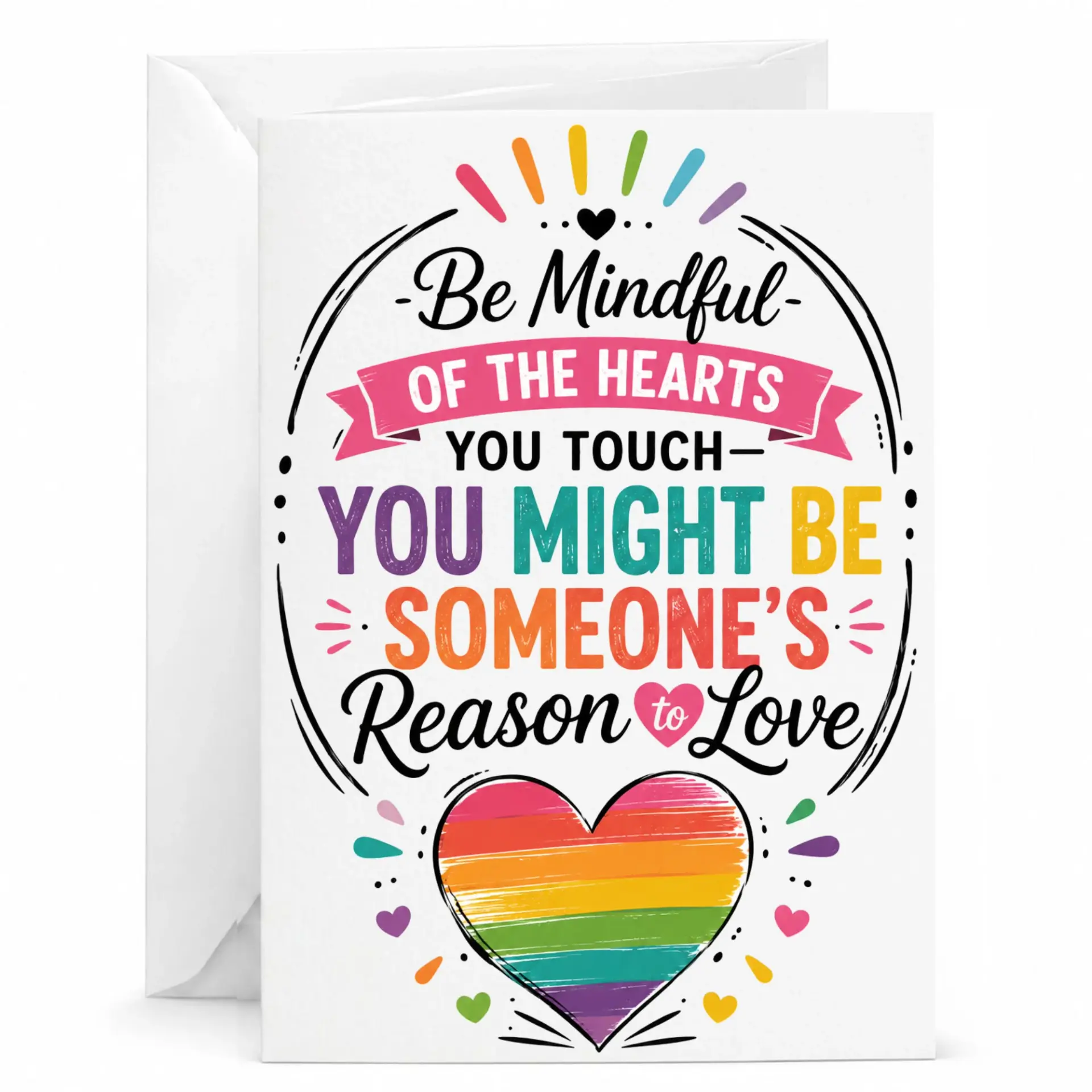 Inspirational Quote Greeting Card Be Mindful of the Hearts You Rainbow Heart Design for Encouragement and Love