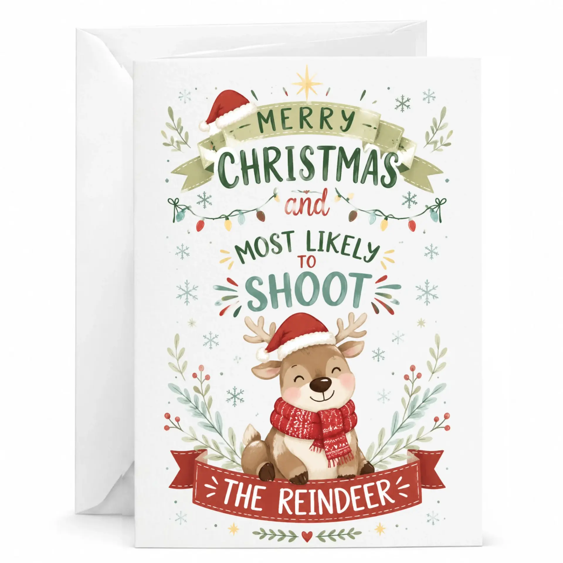 Funny Christmas Greeting Card, Merry Christmas and Most Likely to Shoot the Reindeer Holiday Card for Seasonal Humor