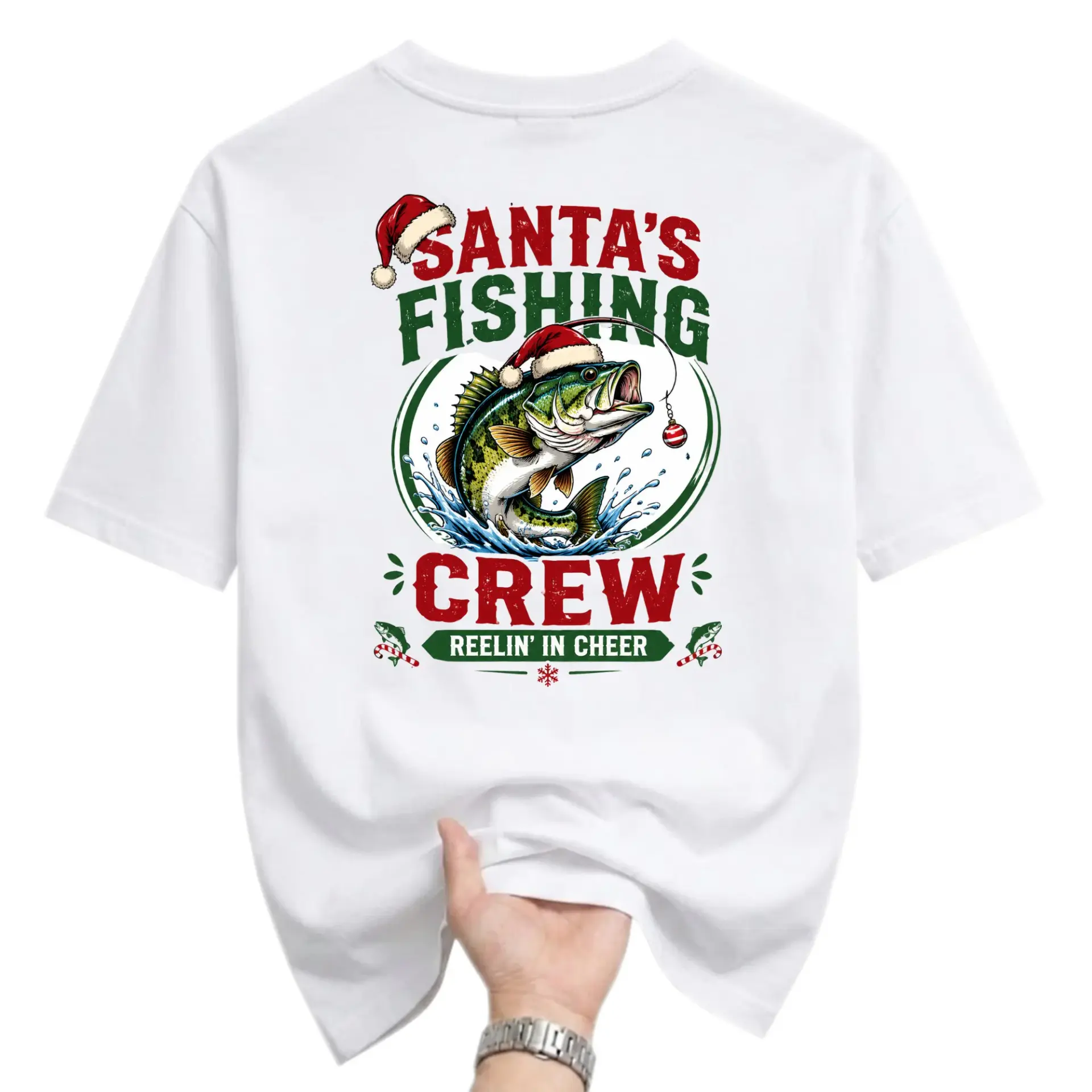 Funny Shirt Santa's Fishing Crew Reelin in Cheer Graphic Tee Holiday Casual Unisex Short Sleeve Crew Neck T-Shirt