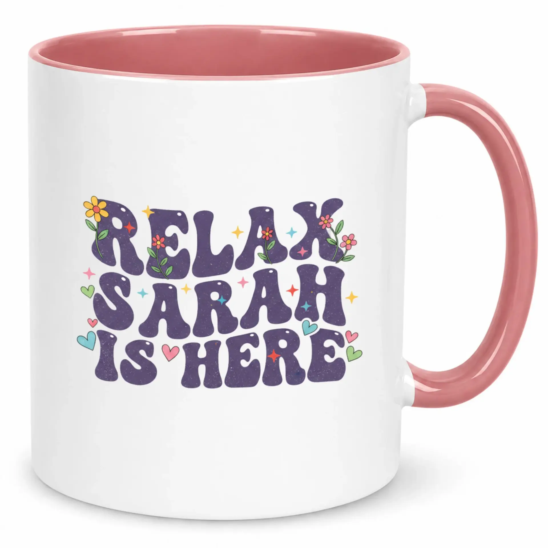 Personalized Coffee Mug Ceramic Drinkware Relax Sarah Is Here Groovy Floral Design with Stars and Hearts Pink Handle Accent 11oz or 15oz