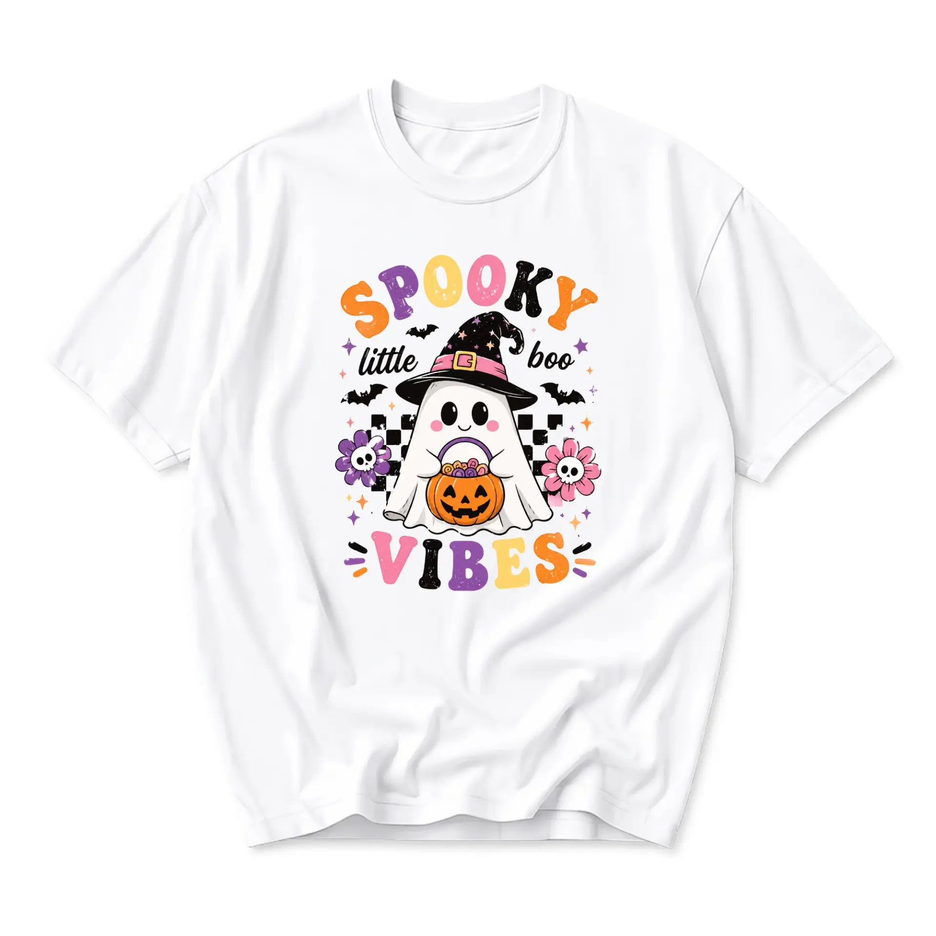 Funny Shirt Spooky Little Boo Vibes Graphic Tee Cute Ghost Wearing Witch Hat Halloween Apparel Unisex Crew Neck Top