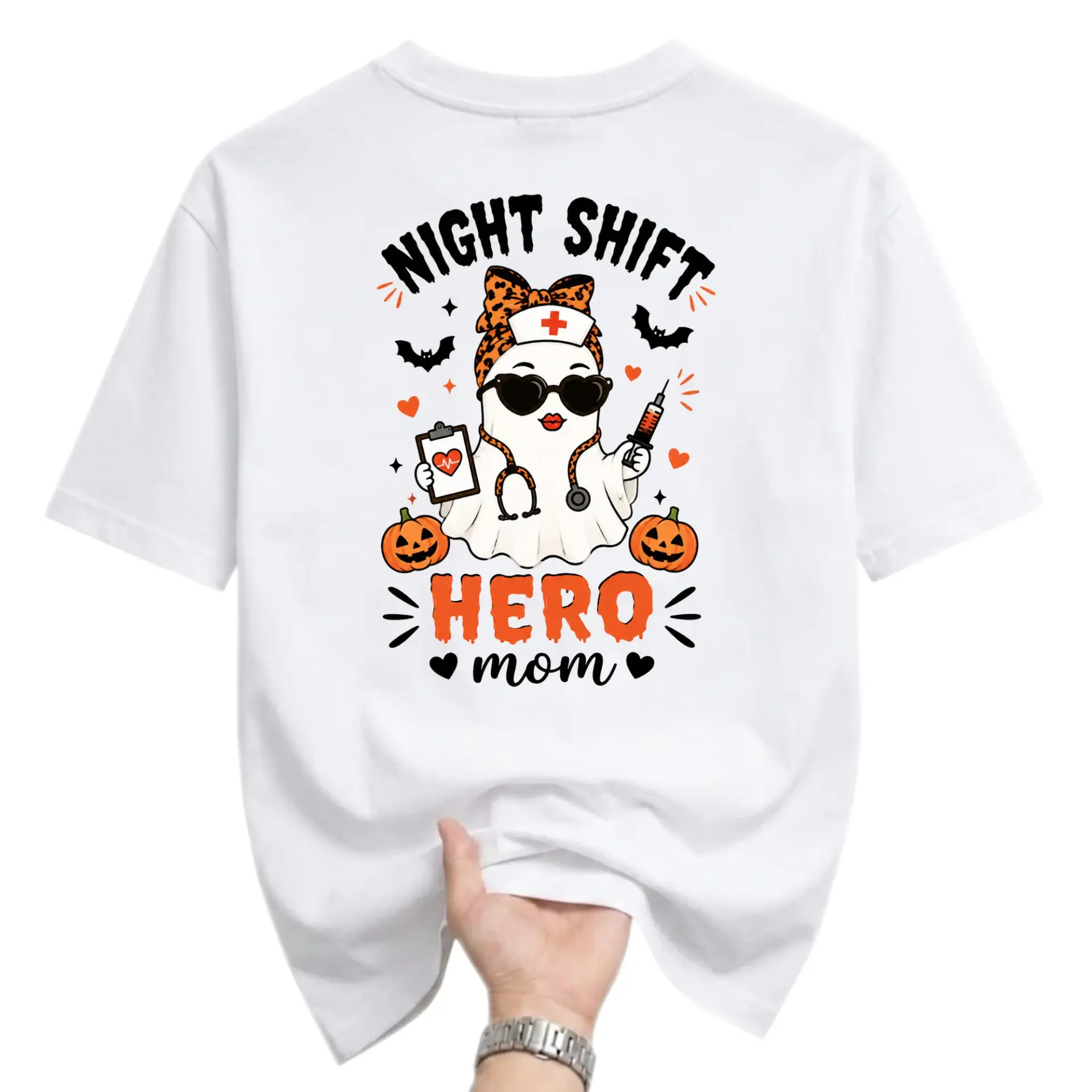 Graphic Tee Night Shift Hero Mom Spooky Ghost Nurse Design Unisex Casual Cotton Crew Neck Short Sleeve Shirt