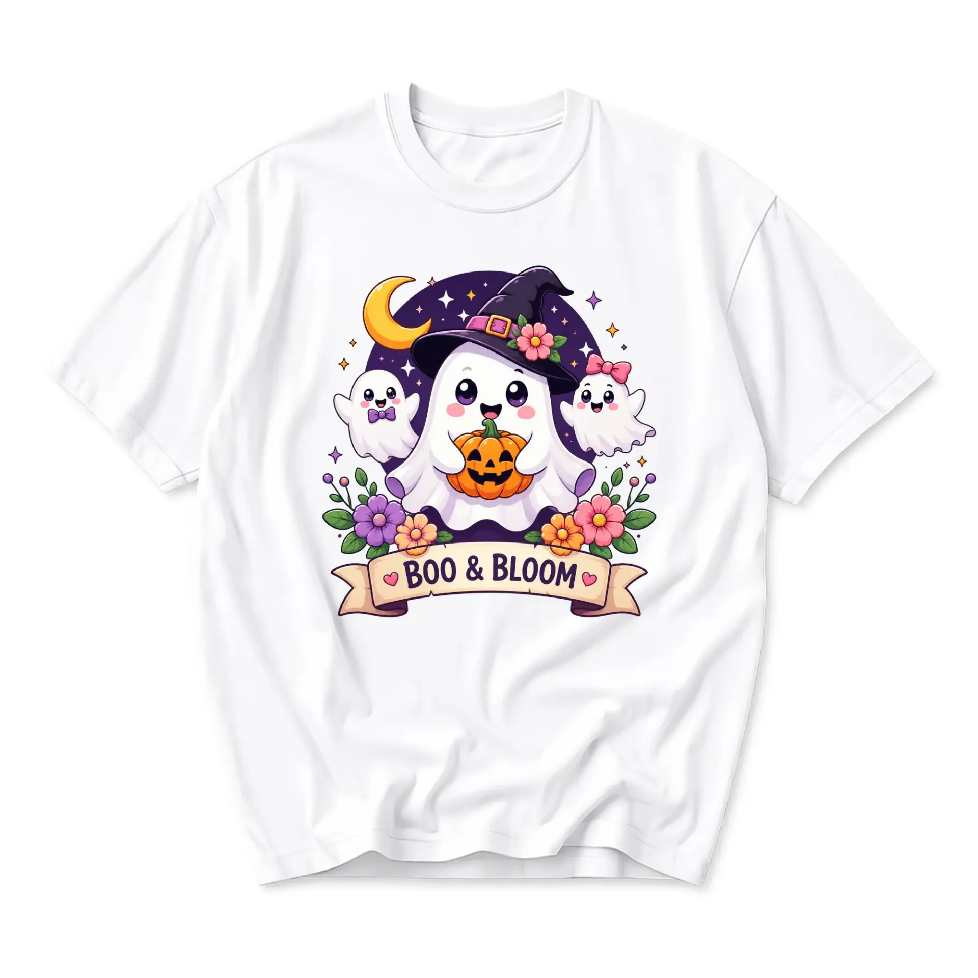 Graphic Tee Cute Ghost Witch Pumpkin Floral Print Unisex Crew Neck Casual Everyday Shirt for Autumn Celebration
