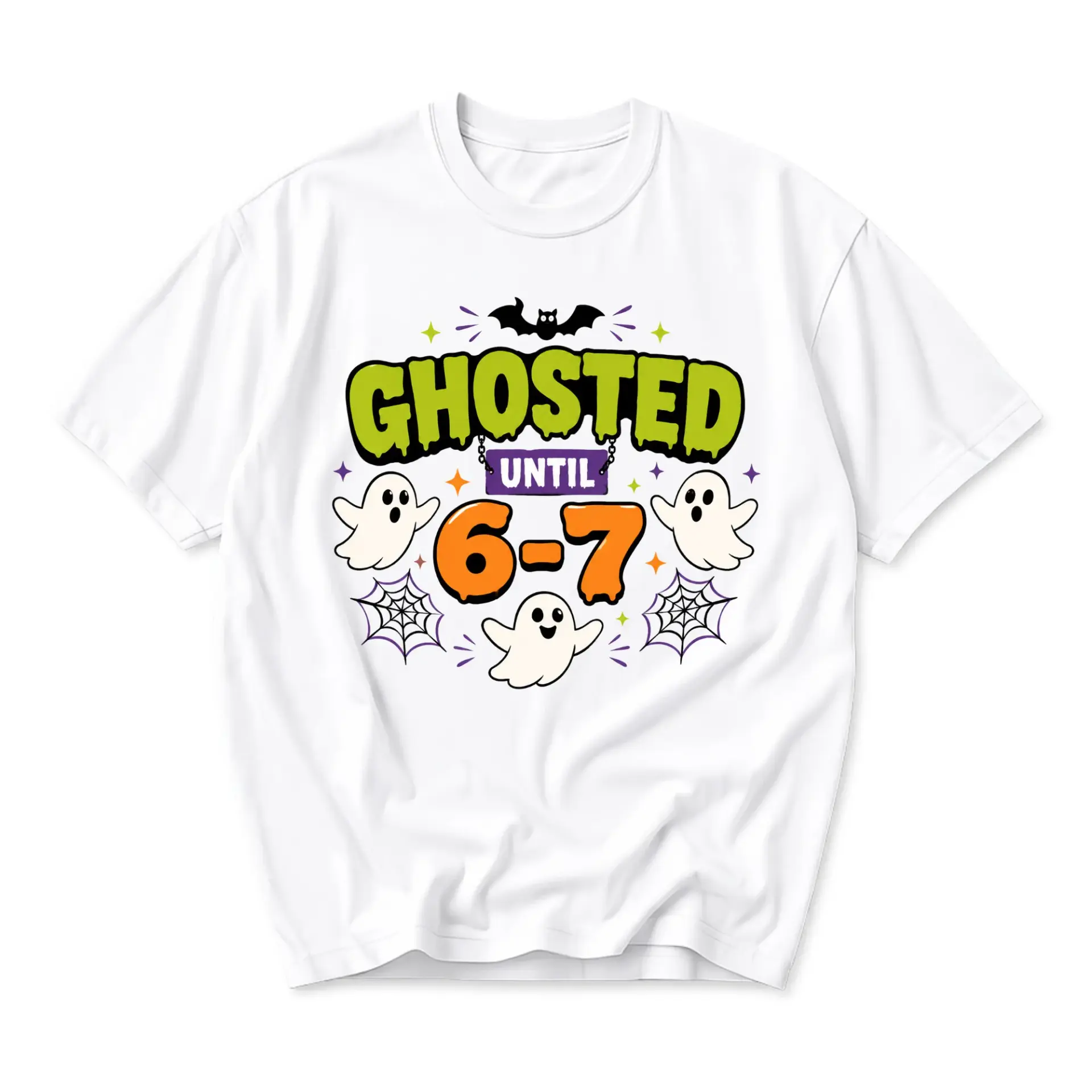Graphic Tee Ghosted Until 6-7 Fun Halloween Humor Print Unisex Crew Neck Shirt for Casual Wear and Festive Style