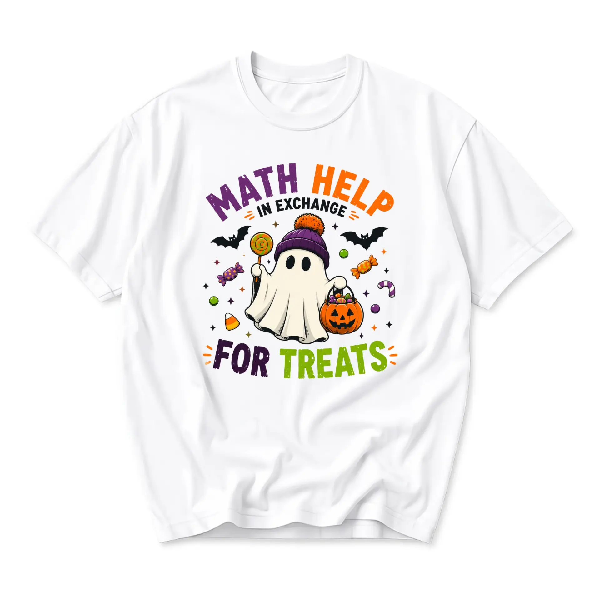 Funny Shirt Math Help in Exchange for Treats Graphic Tee Unisex Casual Fall Holiday Halloween Pumpkin Ghost T-Shirt