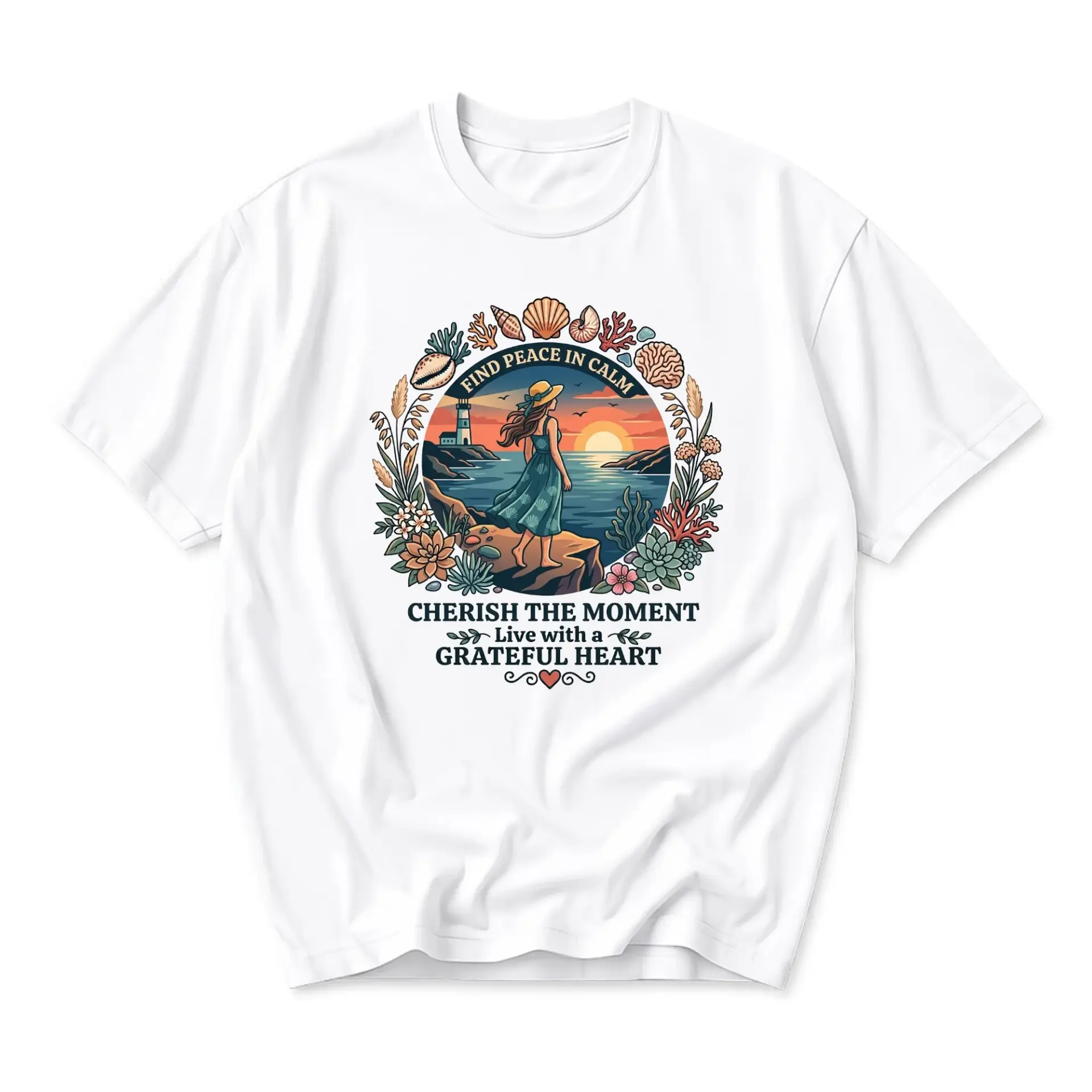 Graphic Tee Find Peace in Calm Seaside Illustration Unisex Casual Everyday Cotton Short Sleeve Crew Neck T-Shirt