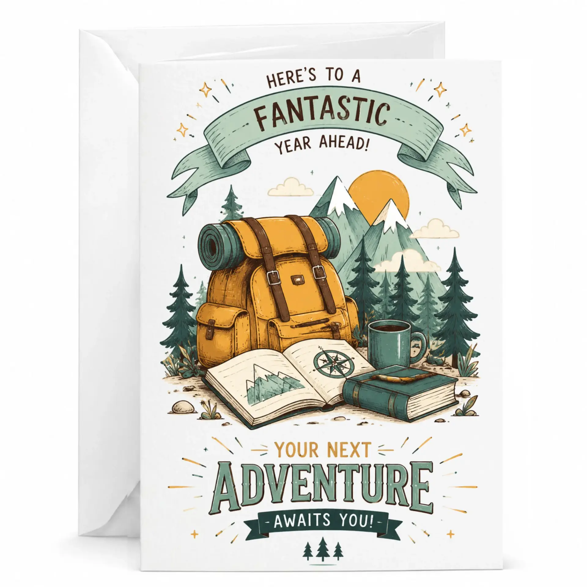 Greeting Card Adventure Theme for and Nature Enthusiasts Featuring Mountain Landscape Illustration