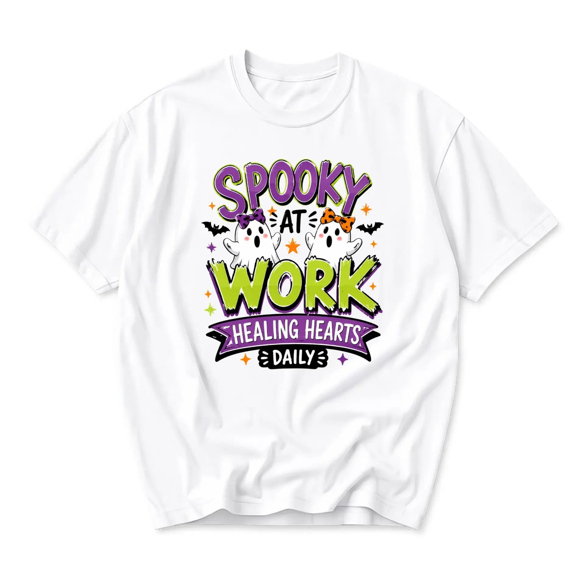 Funny Shirt Spooky at Work Healing Hearts Daily Ghost Graphic Tee Unisex Crew Neck Casual Cotton Blend Apparel