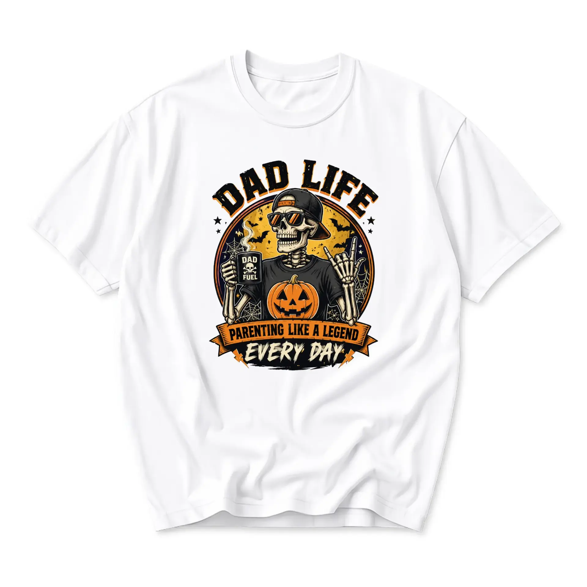 Funny Shirt Dad Life Parenting Like a Legend Every Day Skeleton Graphic Tee Unisex Casual Crew Neck T-Shirt