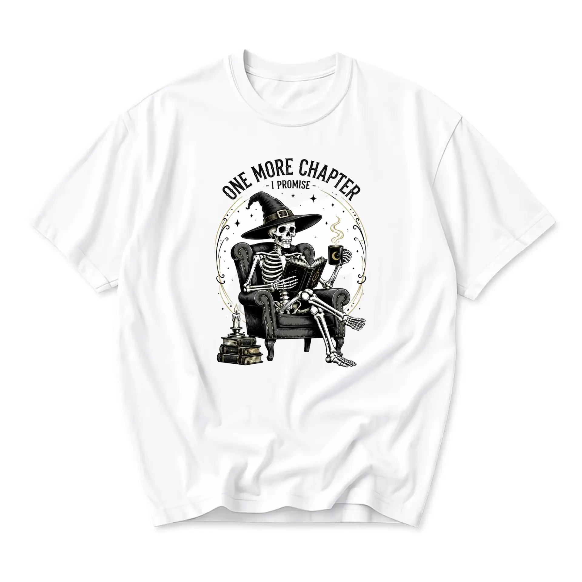 Graphic Tee One More Chapter Skeleton Reading Book Witch Hat Design Unisex Short Sleeve Crew Neck Casual Cotton T-Shirt