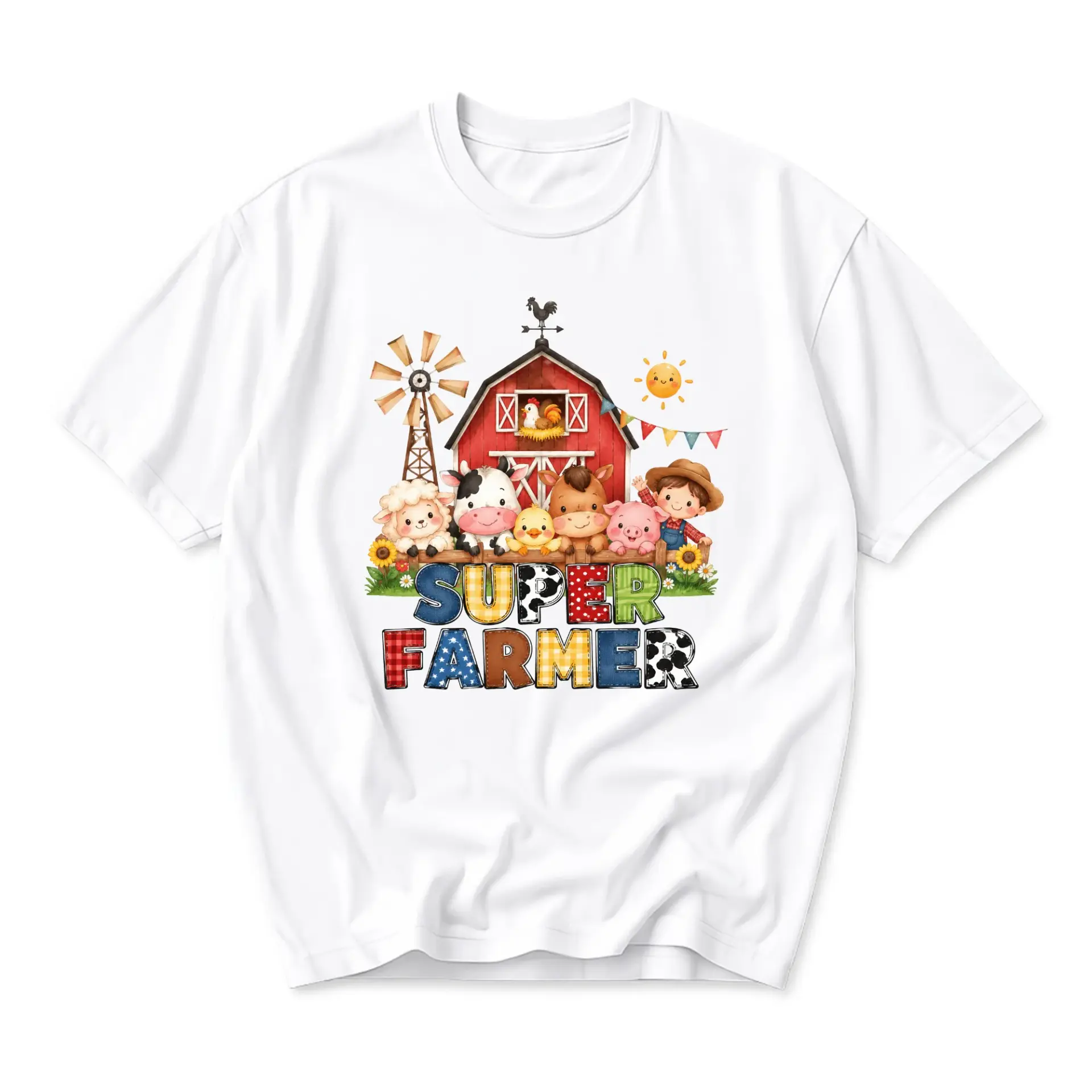 Graphic Tee Super Farmer Cute Farm Animals Illustration Print Unisex Casual Short Sleeve Crew Neck Cotton Blend Shirt