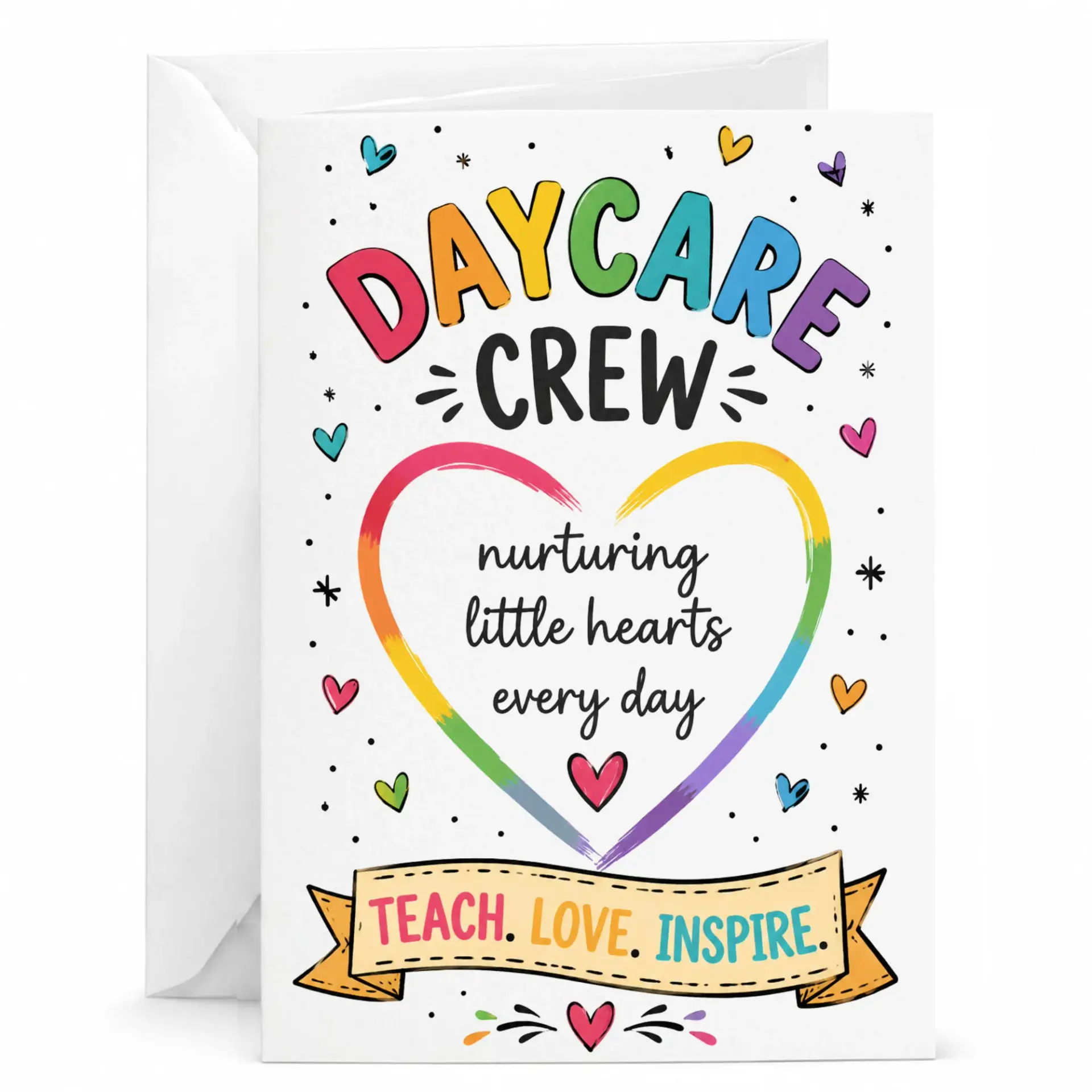 Card for Daycare Crew Featuring Colorful Heart Design Nurturing Little Hearts Greeting