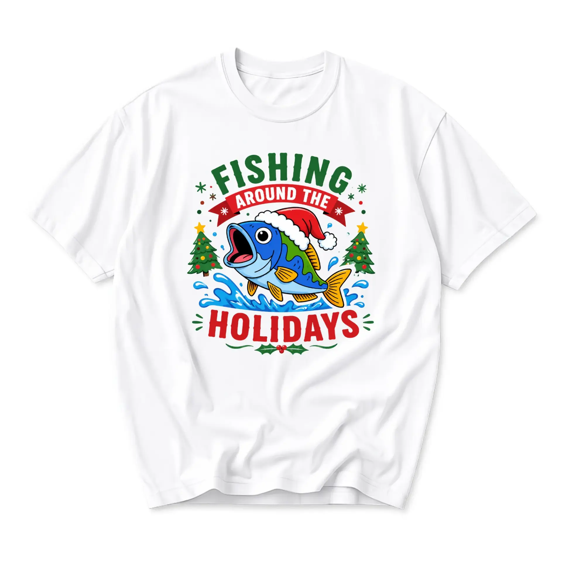 Graphic Tee Fishing Around the Holidays Christmas T-Shirt Humorous Seasonal