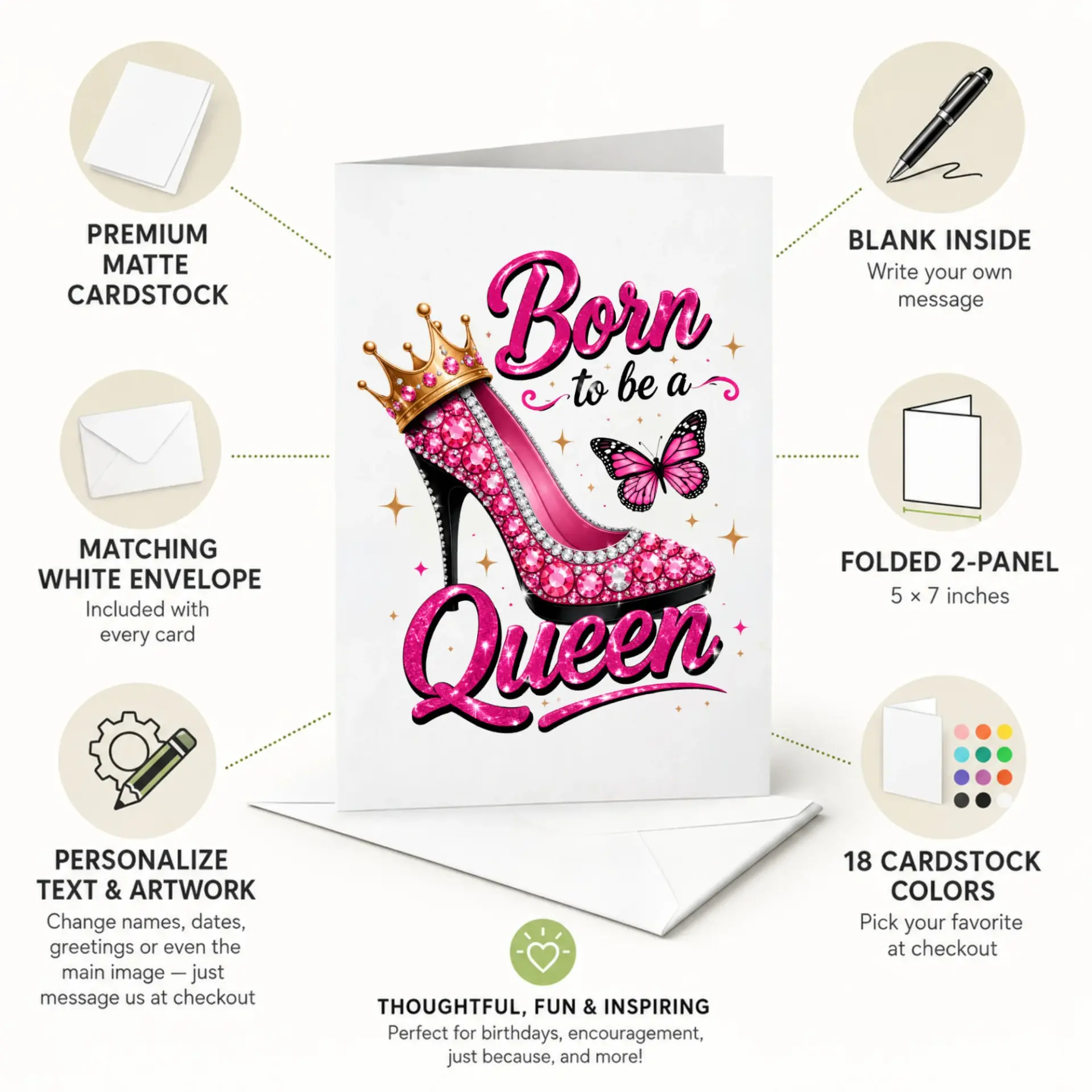 Greeting Card Born to Be a Queen Fashionable Stiletto Heel and Butterfly Design Premium Stationery for Special Moments