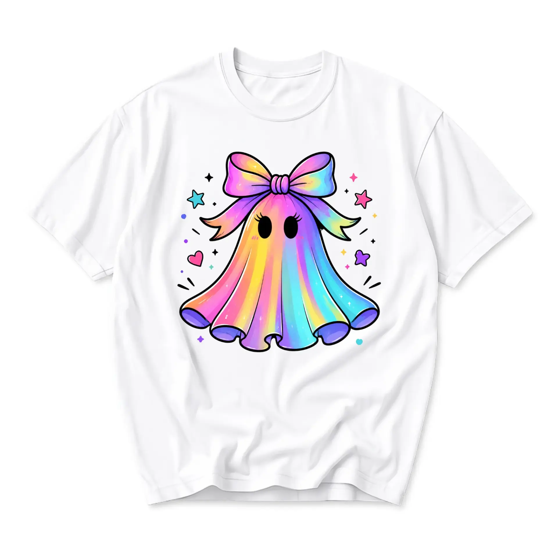 Funny Shirt Colorful Rainbow Ghost with Bow Graphic Tee Unisex Casual Apparel for Everyday Wear and Self Expression