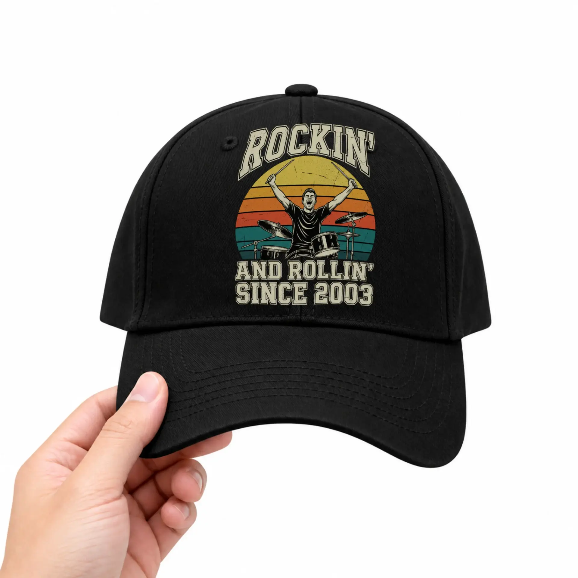 Baseball Cap Rockin and Rollin Since 2003 Drummer Design Adjustable Hat