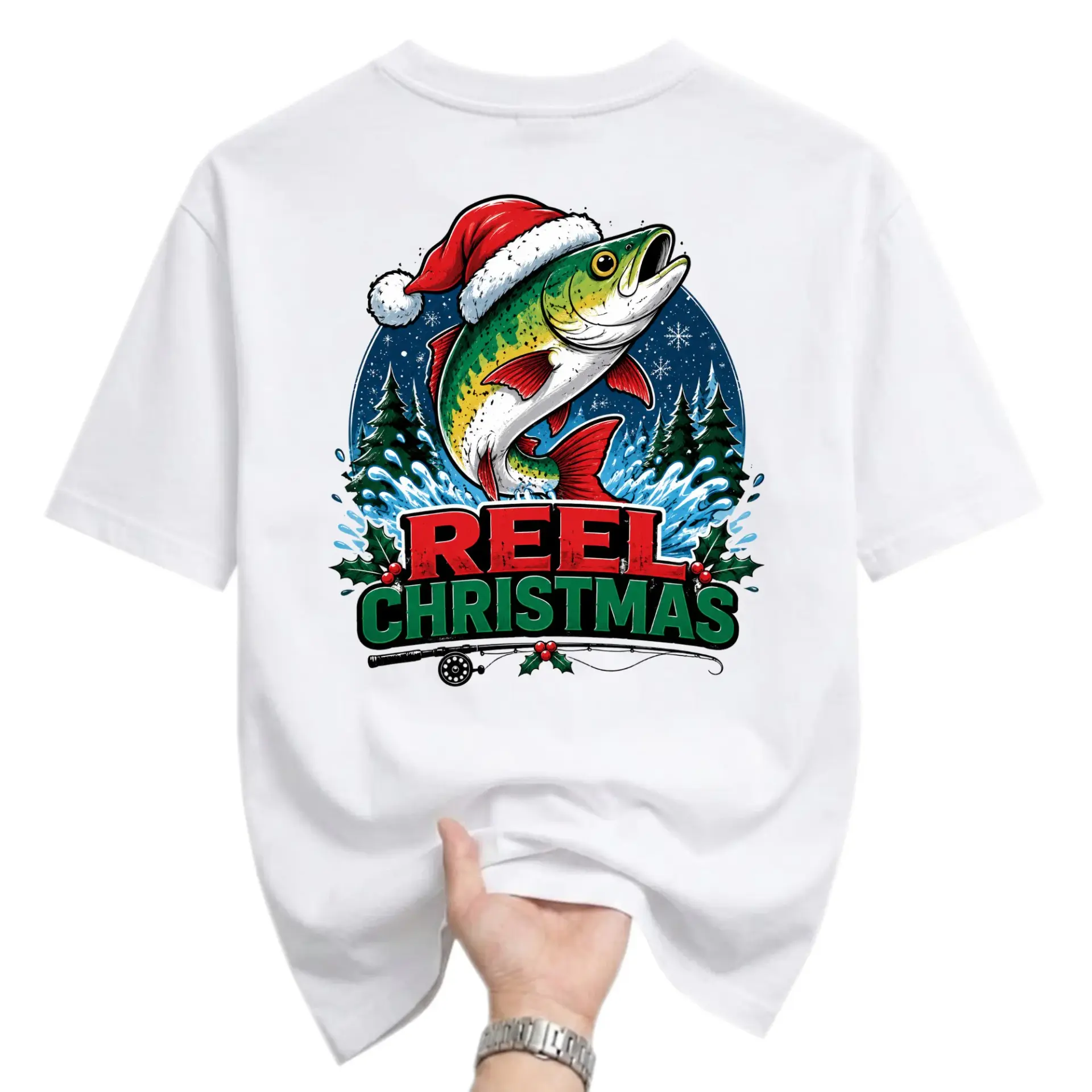 Funny Shirt Reel Christmas Fishing Graphic Tee Holiday Season Catch Outdoor