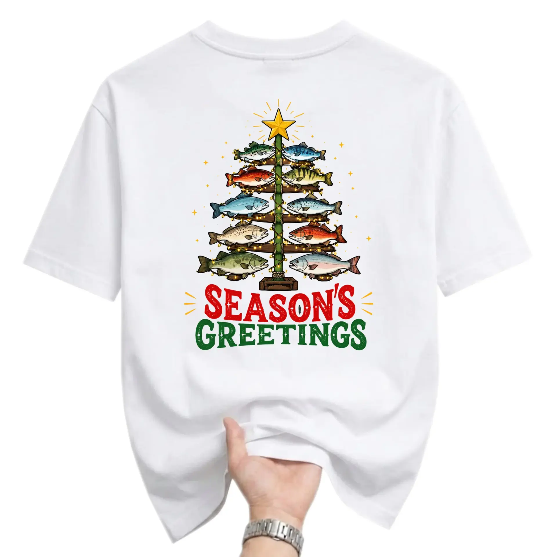 Funny Shirt Season's Greetings Fishing Christmas Tree Graphic Tee Unisex Cotton Blend Casual Crew Neck Top
