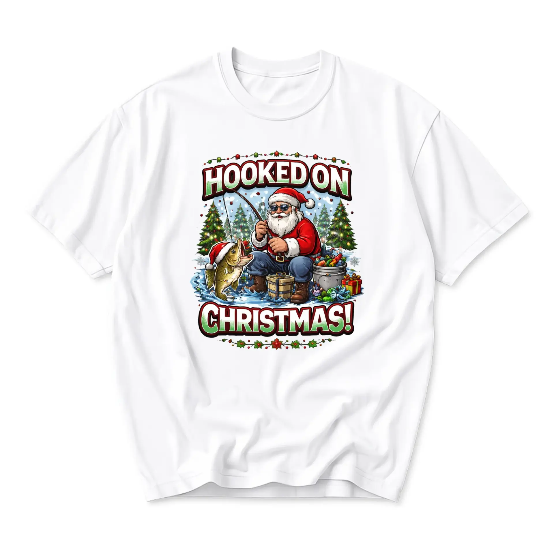 Funny Shirt on Christmas Graphic Tee Unisex Casual Crew Neck Holiday Fishing Santa Print Cotton Blend T-Shirt