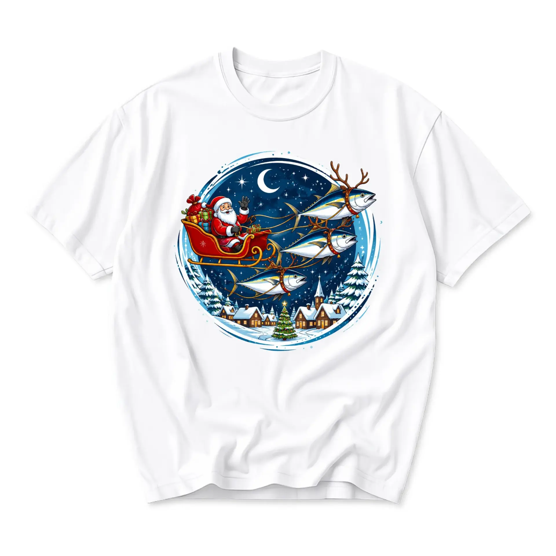 Graphic Tee Santa Claus Riding Sleigh Pulled by Fish Holiday Humor Unisex Cotton Crew Neck Short Sleeve Shirt