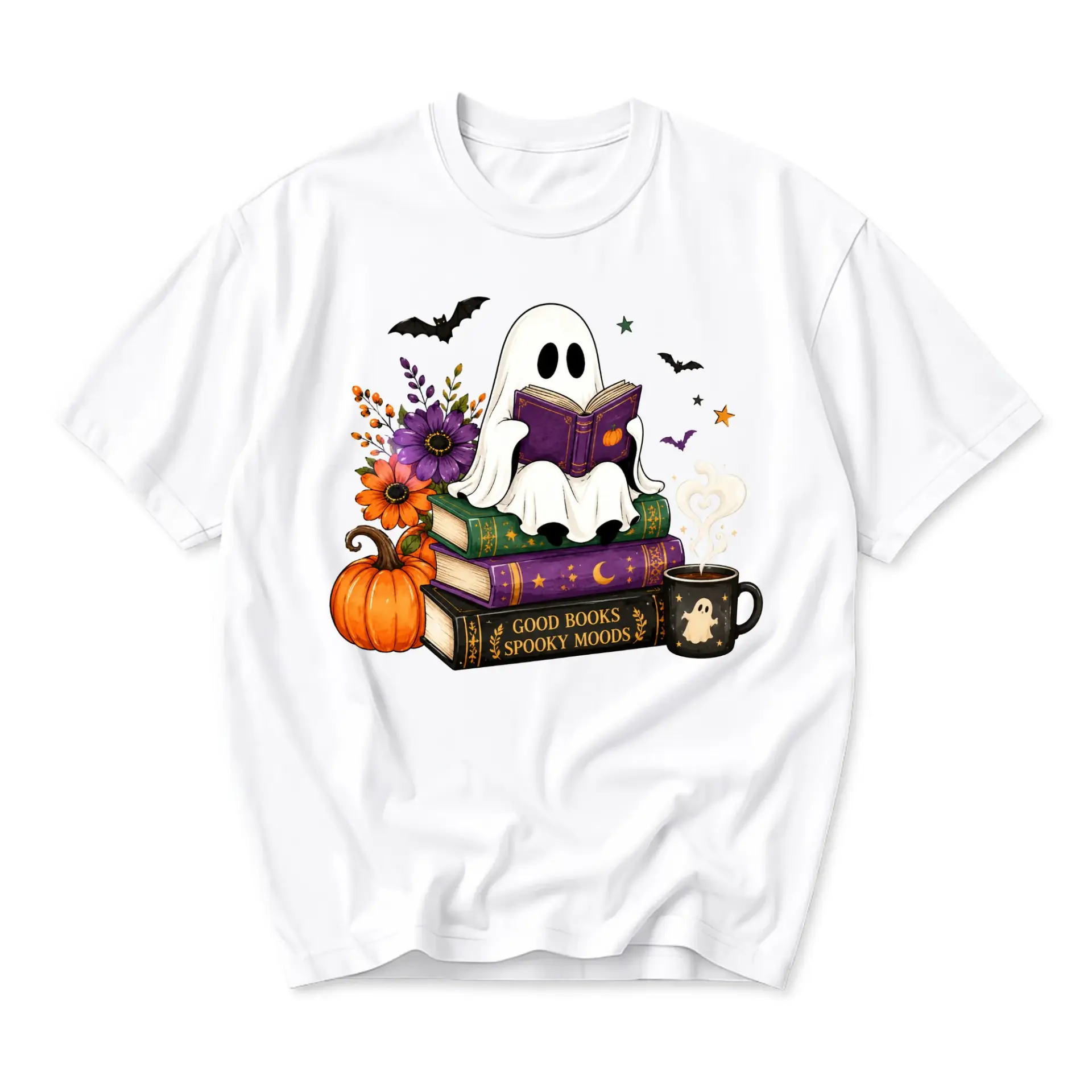 Graphic Tee Ghost Reading Books on Fall Pumpkin Seasonal Unisex Crew Neck Comfortable Short Sleeve Casual Apparel