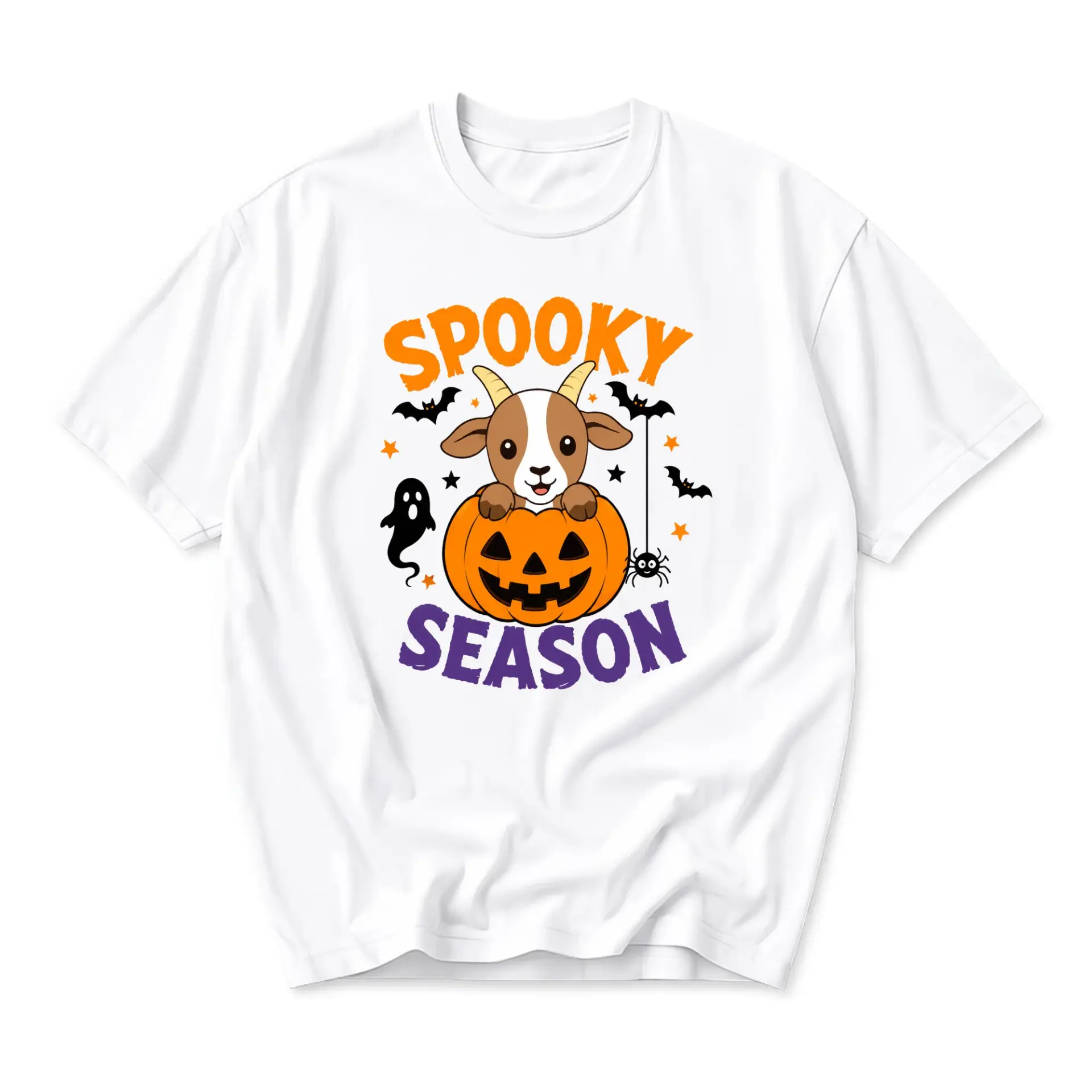 Funny Shirt Spooky Season Cute Goat in Pumpkin Halloween Graphic Tee Unisex Crew Neck Casual Everyday Wear Cotton Top
