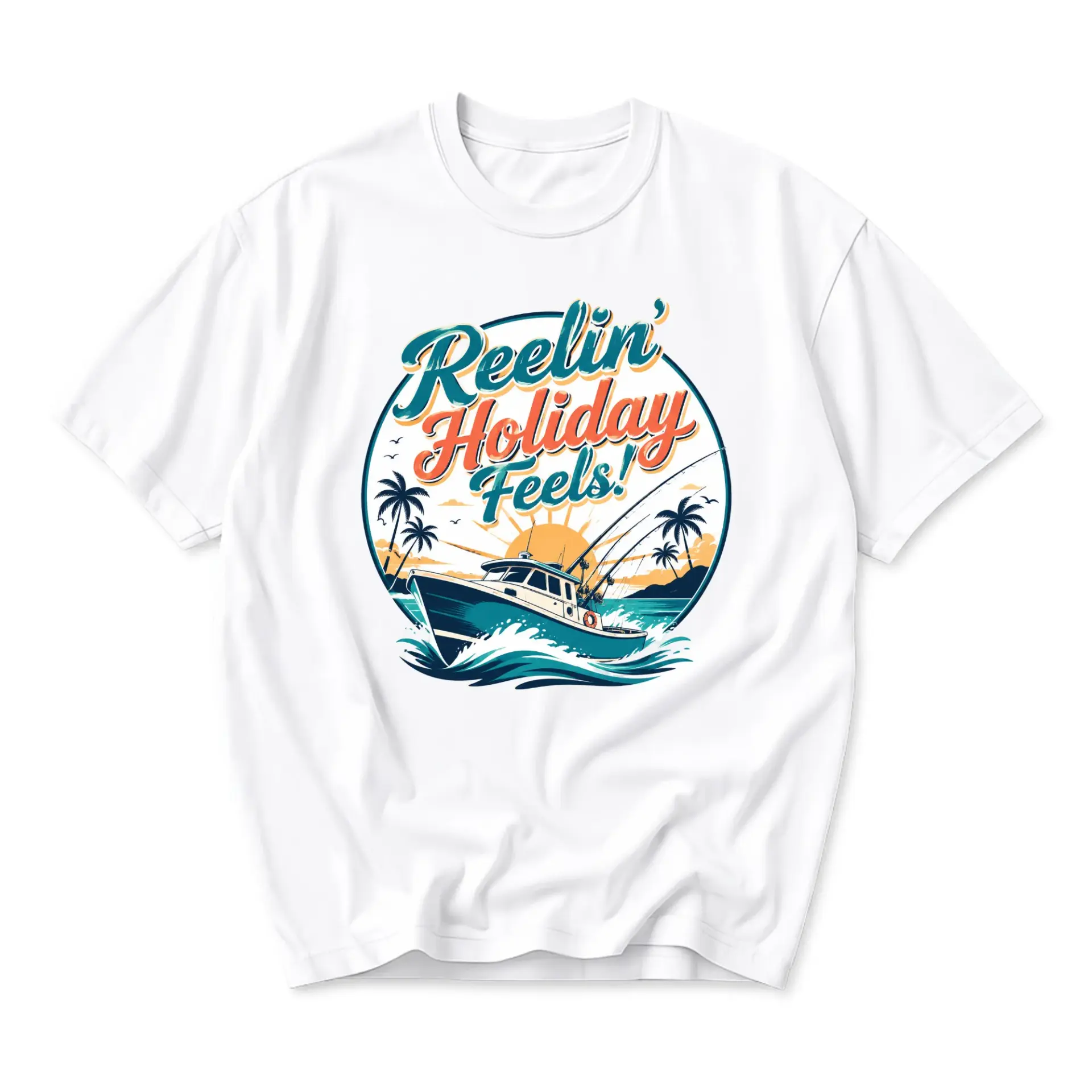 Graphic Tee Reelin Holiday Feels Fishing Boat Design Unisex Short Sleeve Crew Neck Casual Cotton Blend Shirt