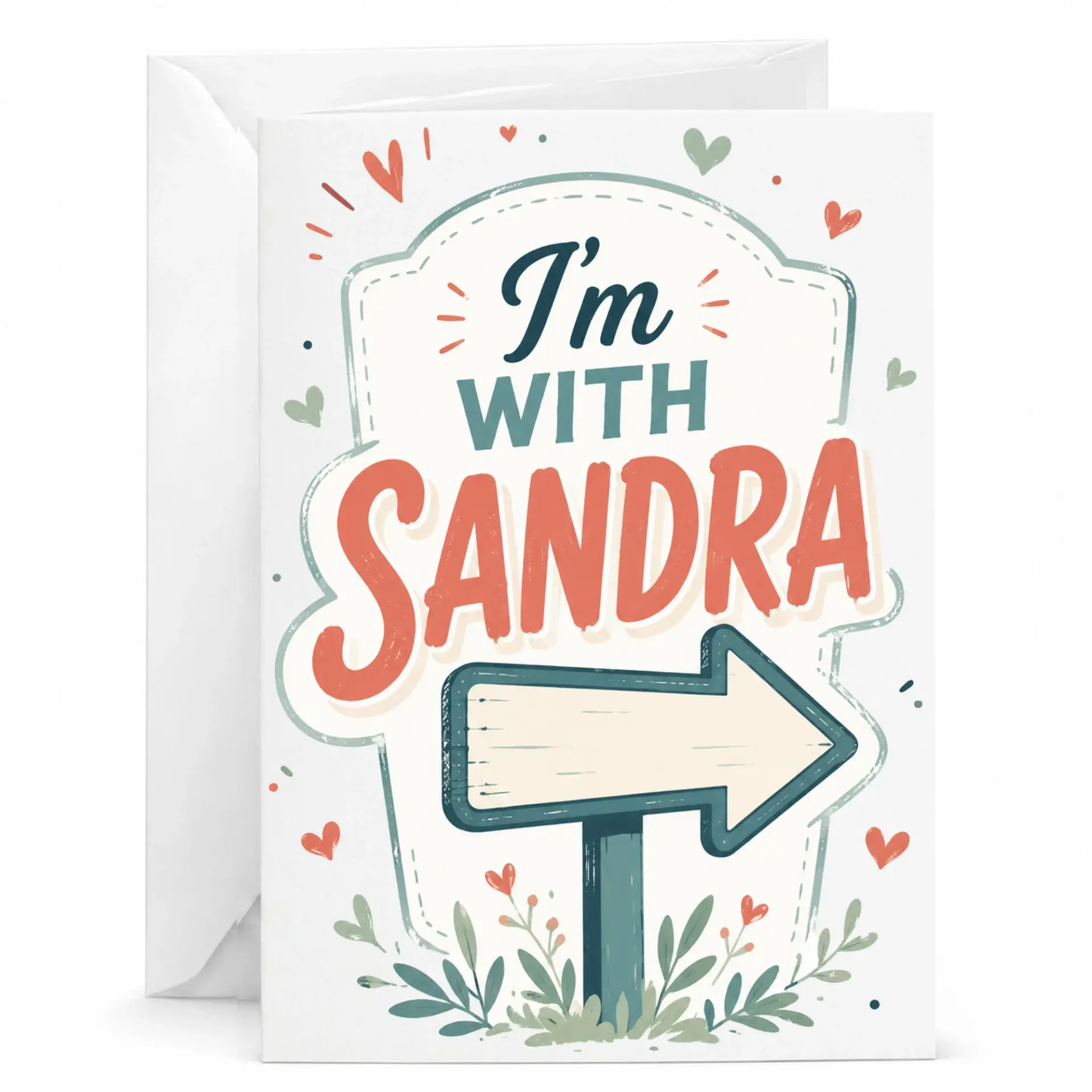 Funny Greeting Card I Am with Sandra Directional Sign Artwork for Birthdays Anniversaries and Heartfelt Personal Messages