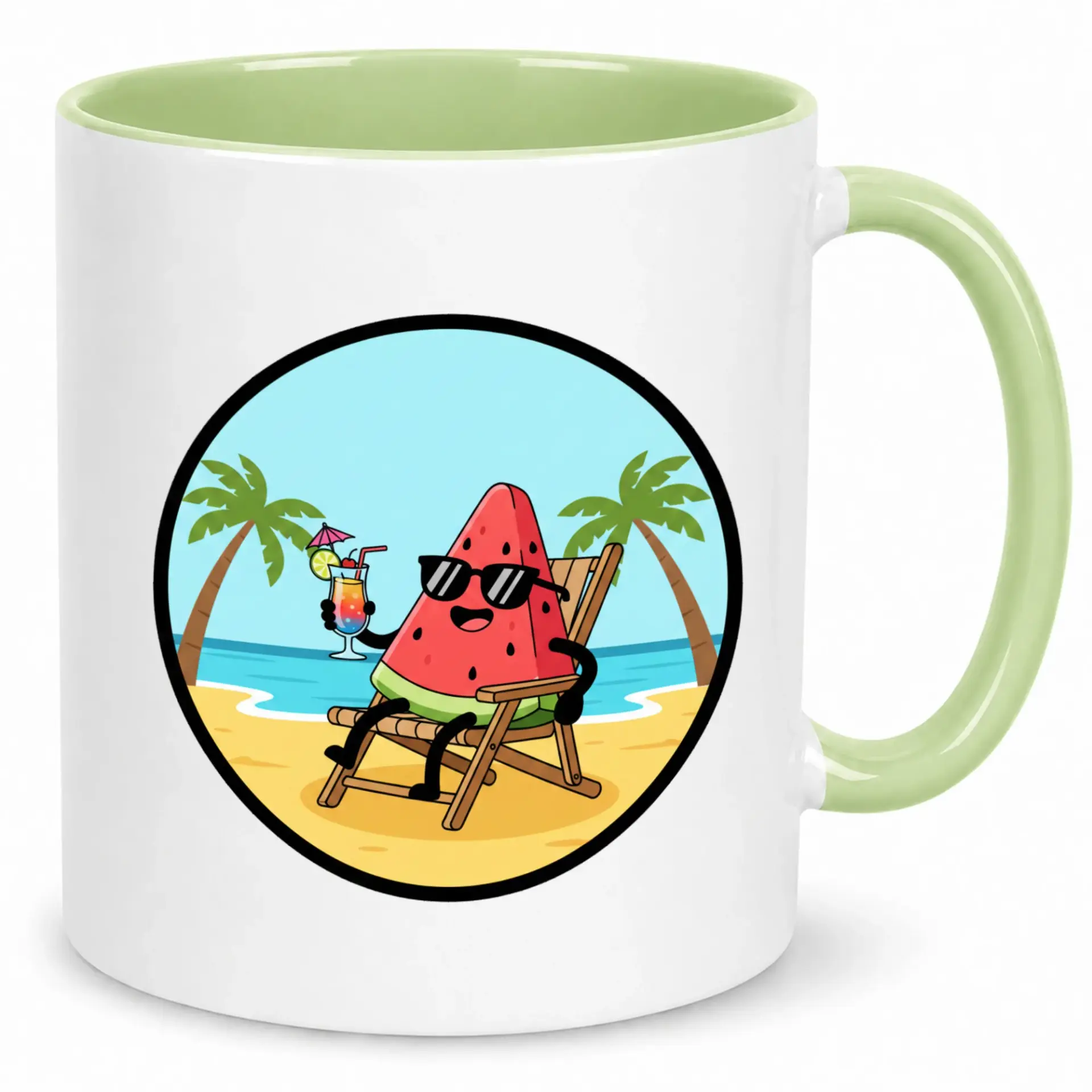 Funny Coffee Mug with Cute Watermelon Beach Vacation Design, 11oz or 15oz White Ceramic Drinkware, Tropical Summer Theme Drink Cup