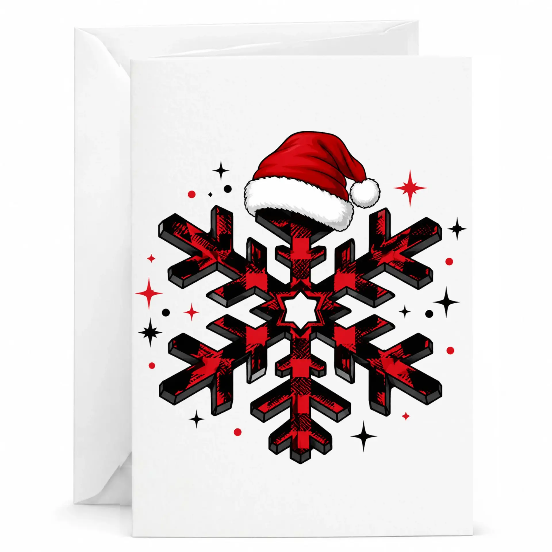 Holiday Snowflake Greeting Card with Red Buffalo Plaid Pattern and Santa Hat Illustration for Seasonal Greetings