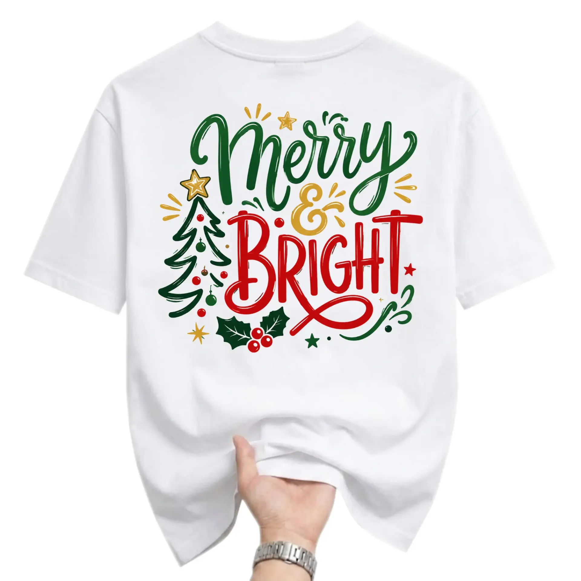 Graphic Tee Merry and Bright Christmas Tree Holiday Unisex Crew Neck Shirt for Casual Seasonal Celebration Outfits
