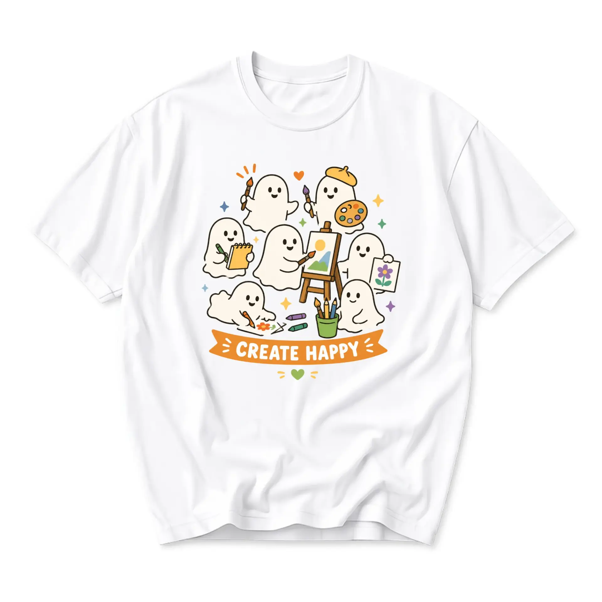 Graphic Tee Create Happy Cute Artistic Ghosts Illustration Unisex Casual Crew Neck Comfortable Short Sleeve T-Shirt