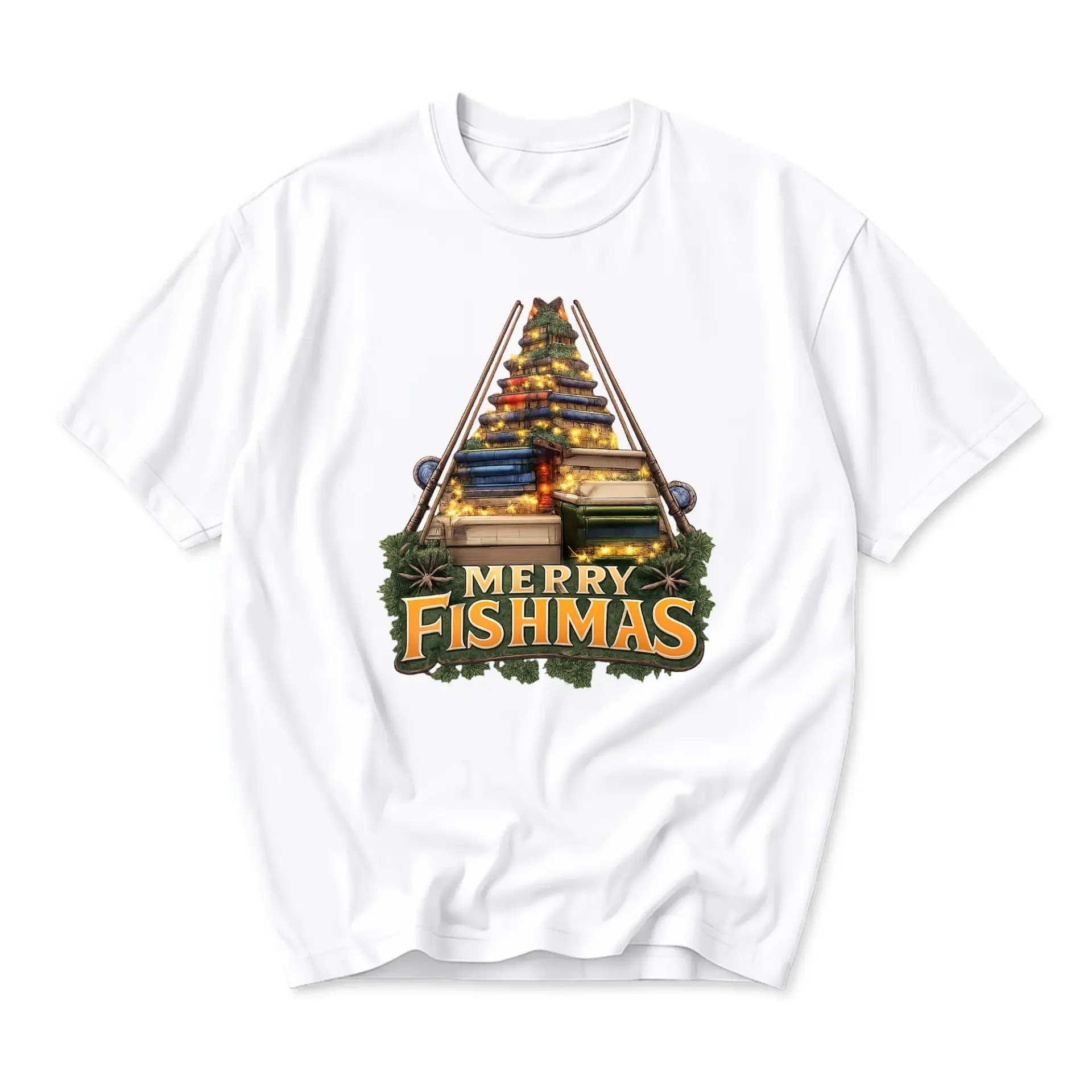 Funny Shirt Merry Fishmas Holiday Fishing Graphic Tee for Outdoor Lovers Unisex Crew Neck Casual Cotton Blend Top