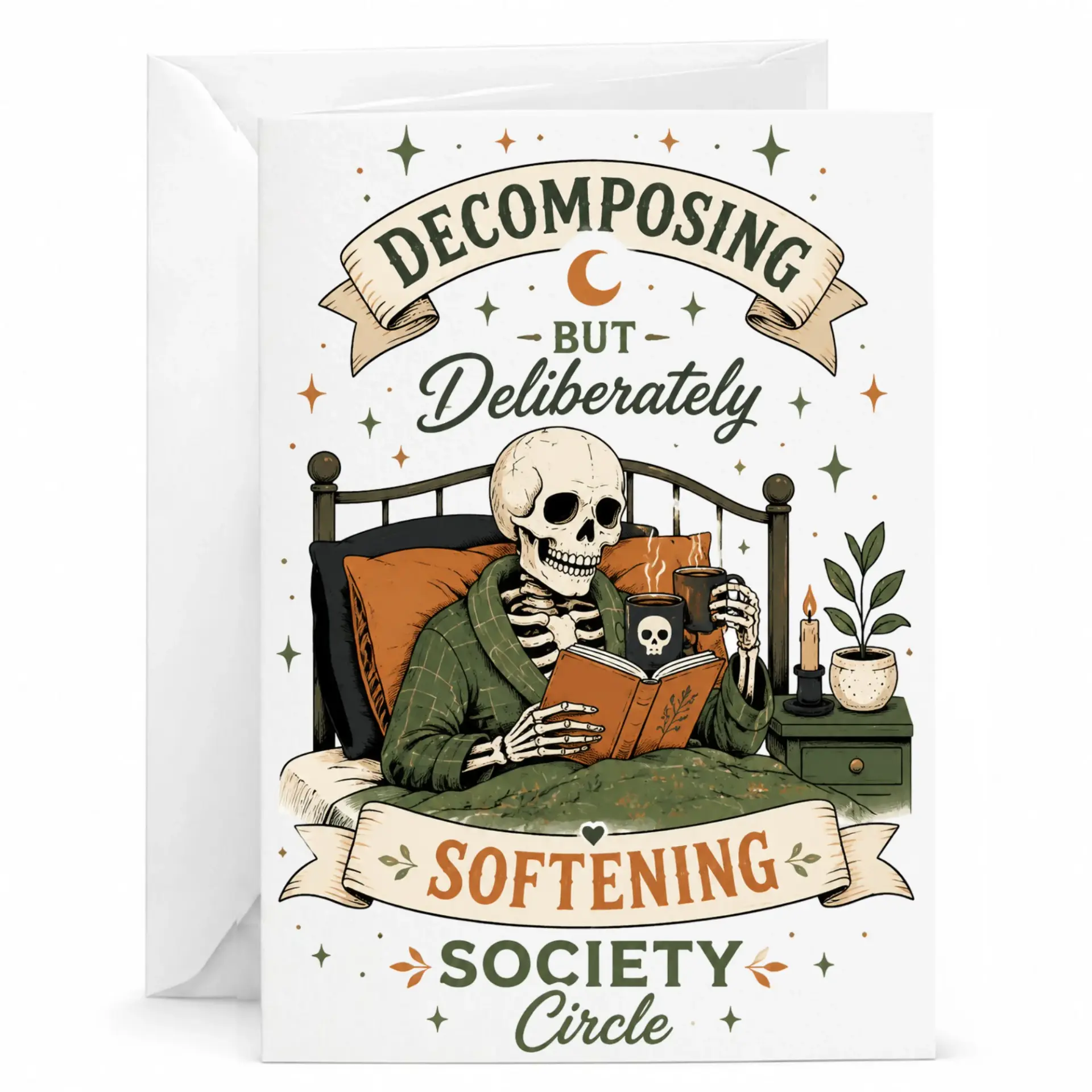 Funny Skeleton Greeting Card Decomposing but Deliberately Softening Circle Illustration for Any Occasion