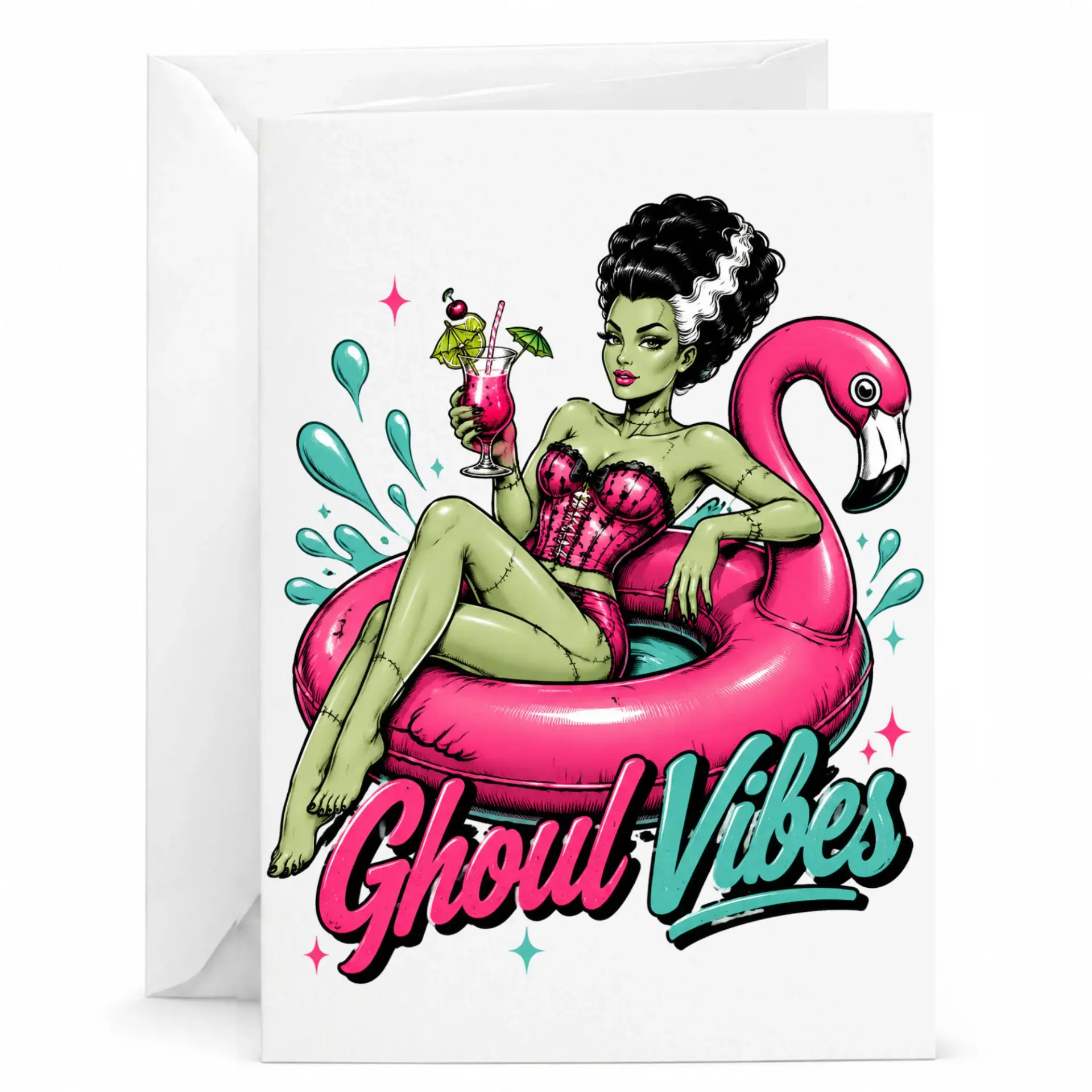 Funny Ghoul Vibes Greeting Card Featuring Pinup Style Monster Character Relaxing on Flamingo Pool 5x7