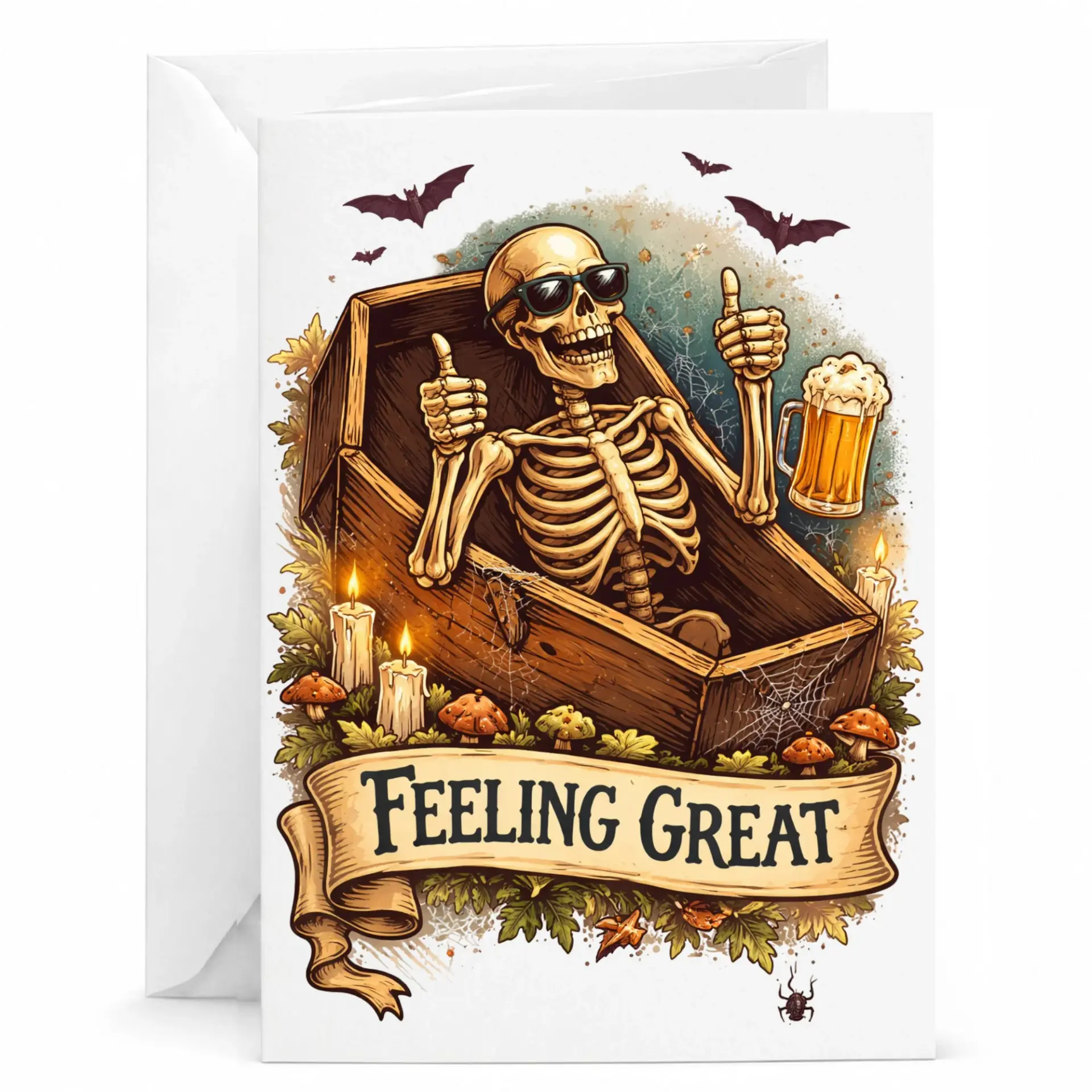 Funny Skeleton Feeling Great Greeting Card, Humorous Coffin Birthday and Celebration Card with Matching White Envelope