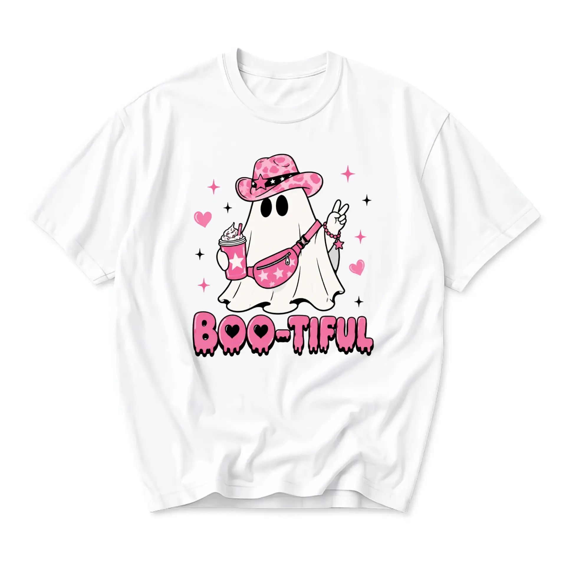 Graphic Tee Funny Shirt Bootiful Pink Ghost Cowboy Hat Print Unisex Casual Crew Neck Comfortable Cotton Blend Top