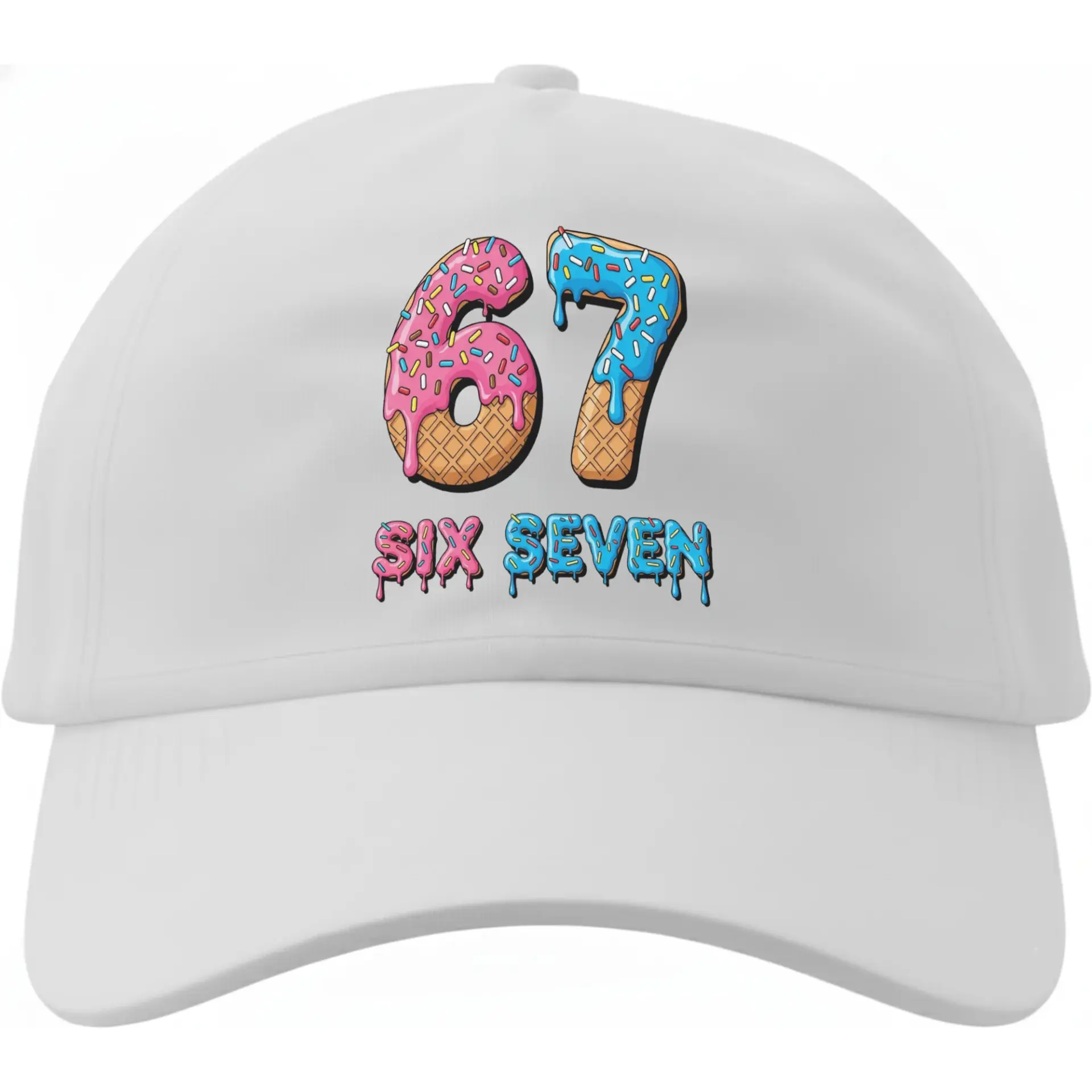 Baseball Cap with Donut Themed Number 67 Graphic Funny Sweet Treat Inspired Print Adjustable Unisex Dad Hat White