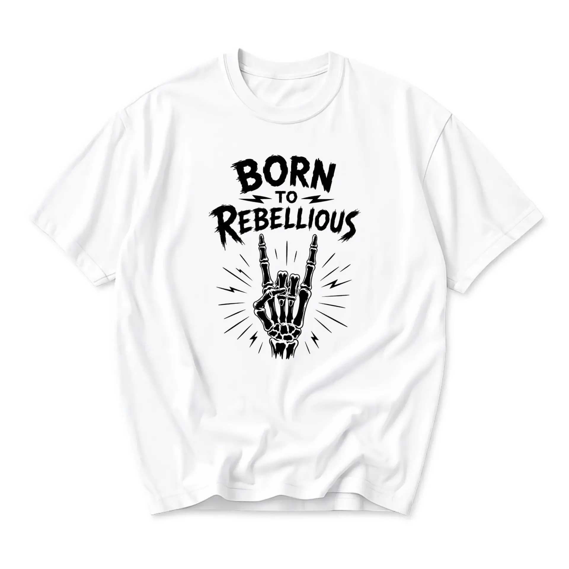 Graphic Tee Born to Rebellious Skeleton Hand Rock and Roll Music Theme Unisex Crew Neck Casual Cotton Shirt White